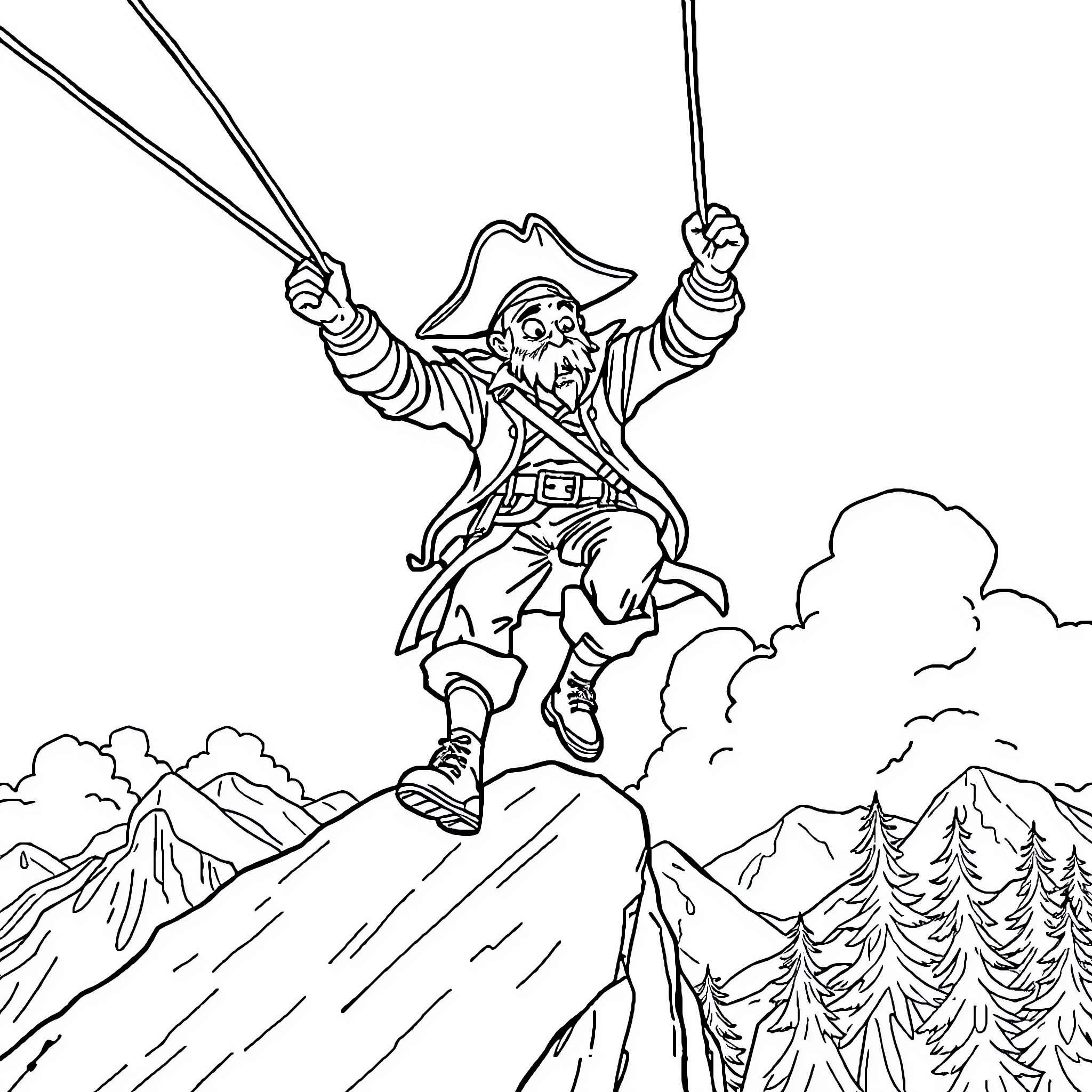 Pirate Swinging On Ropes Through Mountain Landscape Coloring Page (free black-and-white line drawing printable PDF for all, from beginners to advanced learners, including children, teens, adults, and seniors)