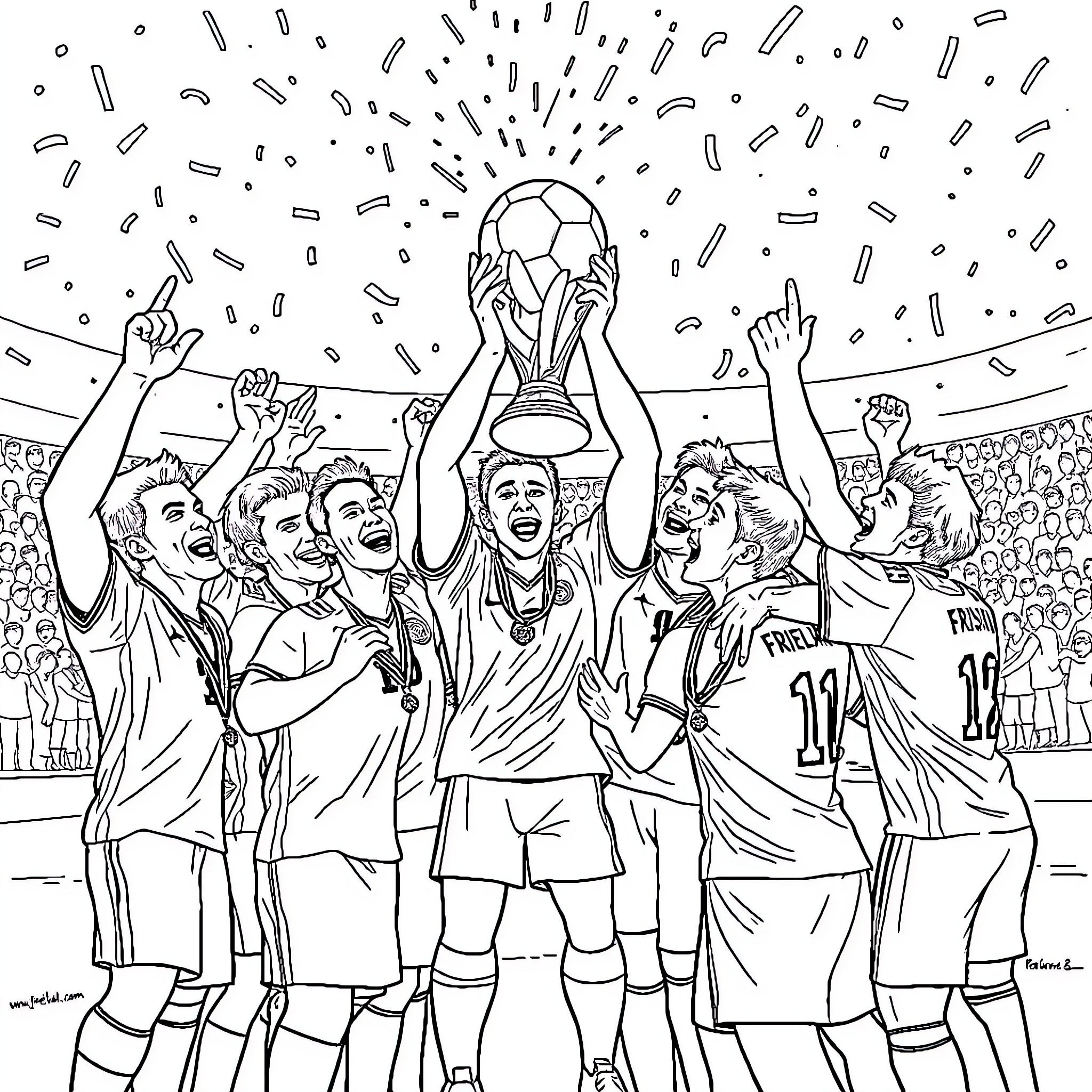 Football players celebrating victory after winning the championship Coloring Page (free black-and-white line drawing printable PDF for all, from beginners to advanced learners, including children, teens, adults, and seniors)