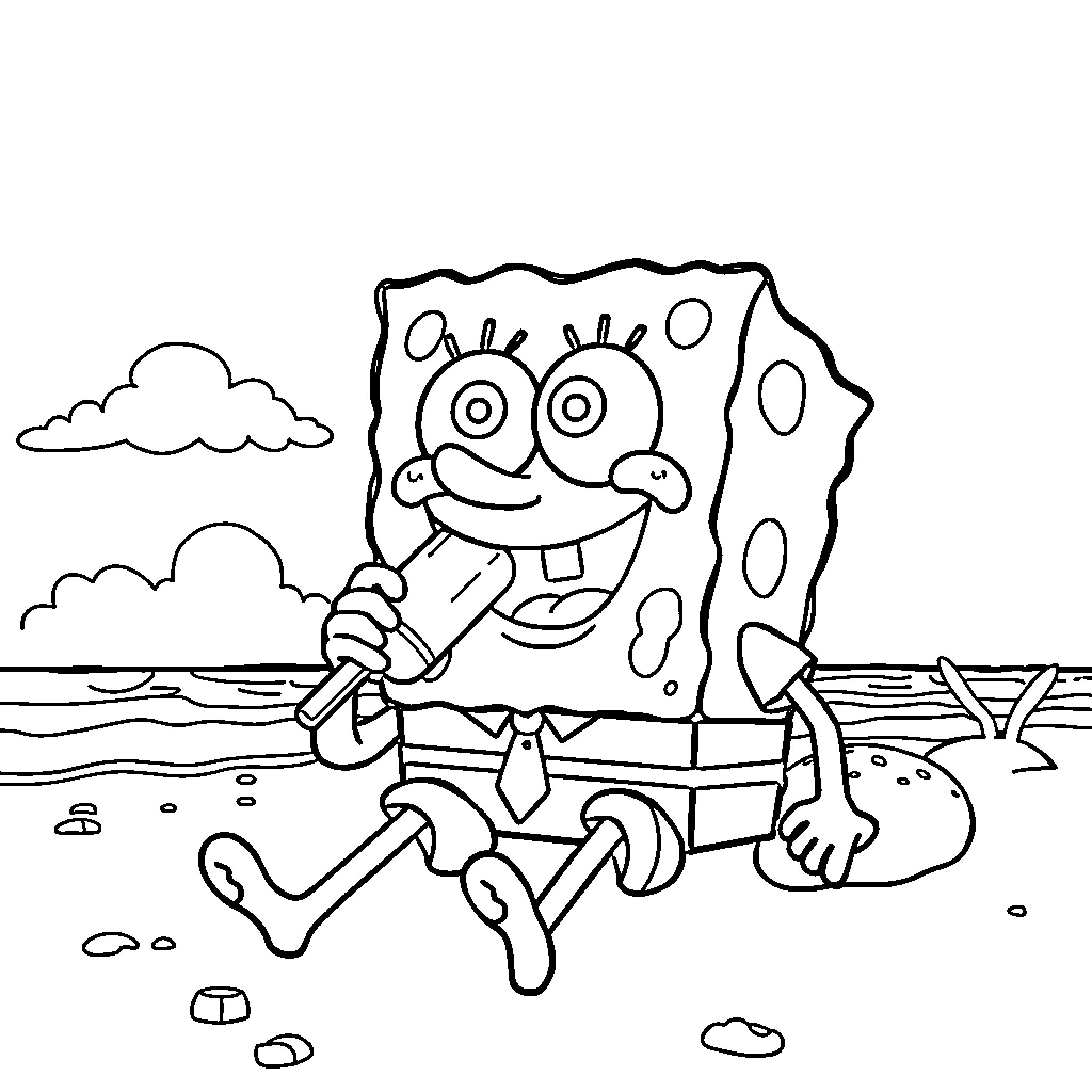 Spongebob dancing joyfully on the beach Coloring Page (free black-and-white line drawing printable PDF for all, from beginners to advanced learners, including children, teens, adults, and seniors)