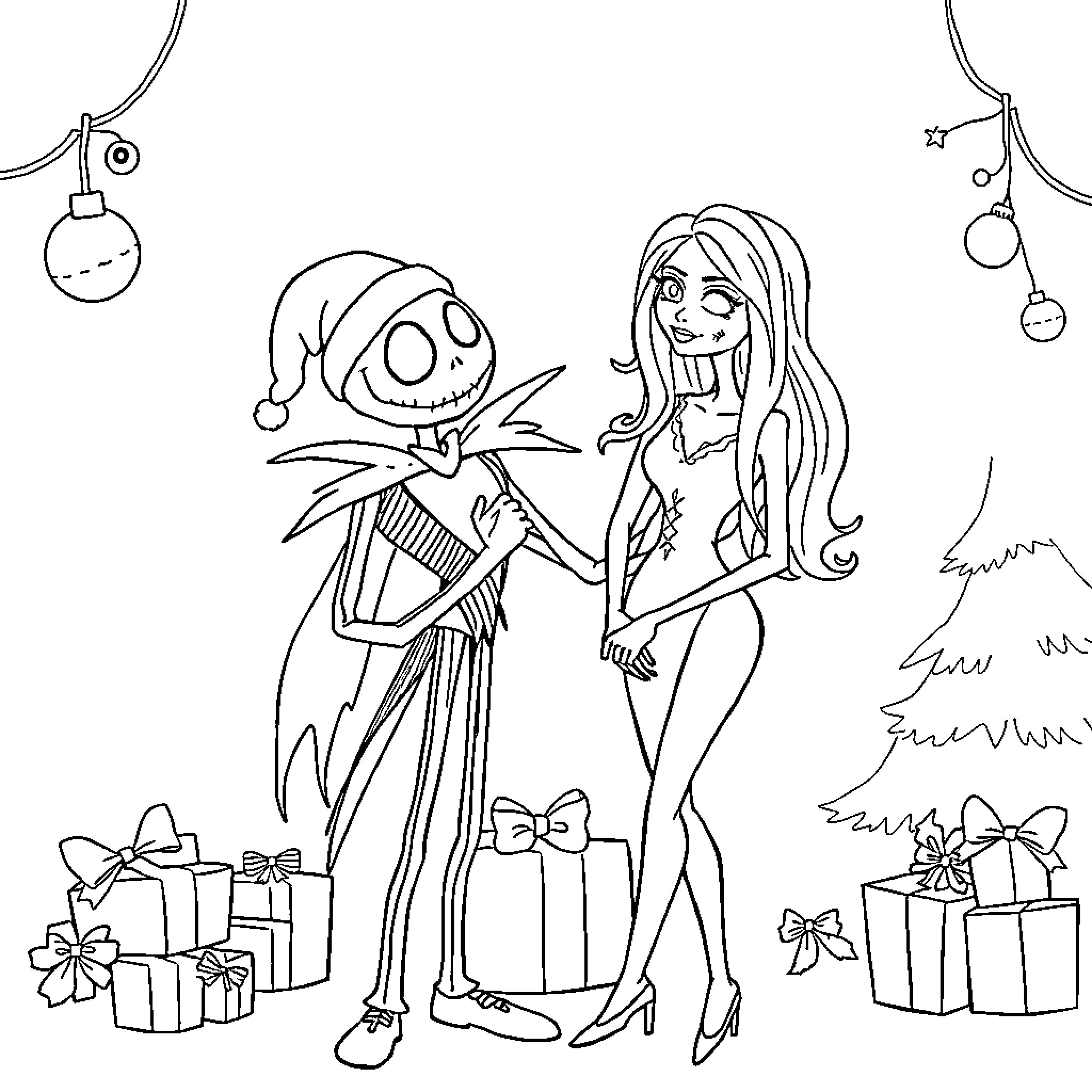 Jack and Sally having a holiday celebration Coloring Page (free black-and-white line drawing printable PDF for all, from beginners to advanced learners, including children, teens, adults, and seniors)