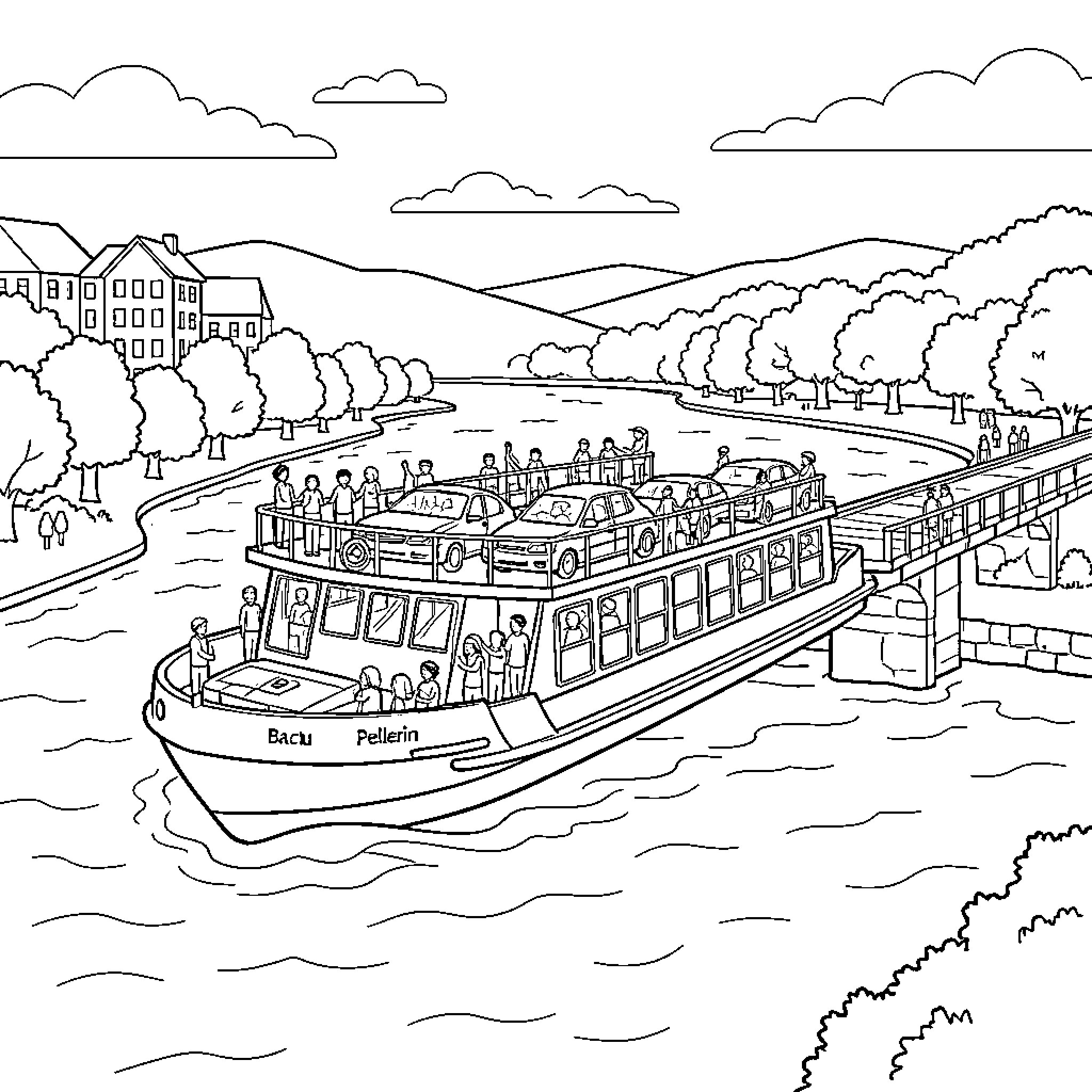 Bac du Pellerin - Passengers aboard a river cruise boat Coloring Page (free black-and-white line drawing printable PDF for all, from beginners to advanced learners, including children, teens, adults, and seniors)