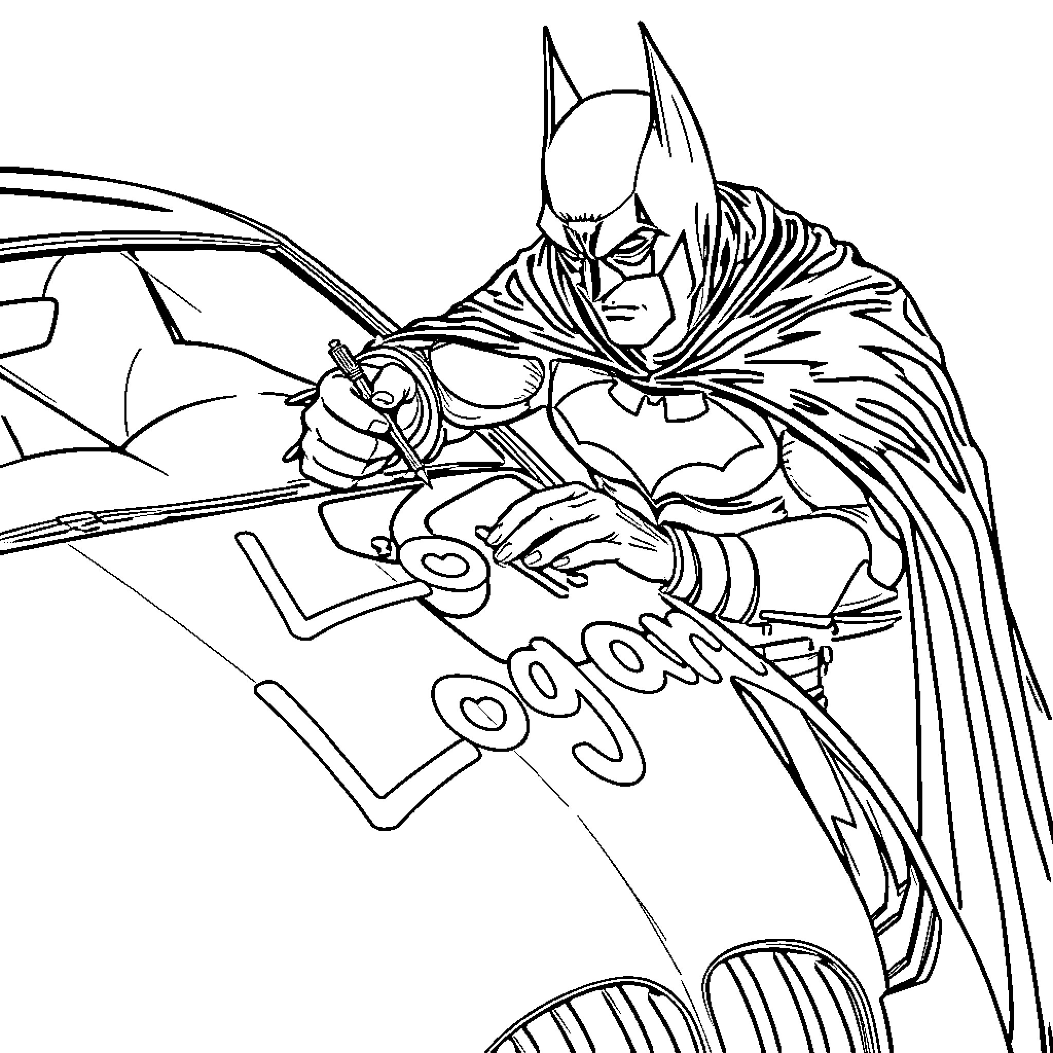 Batman battles against evil in the city Coloring Page (free black-and-white line drawing printable PDF for all, from beginners to advanced learners, including children, teens, adults, and seniors)