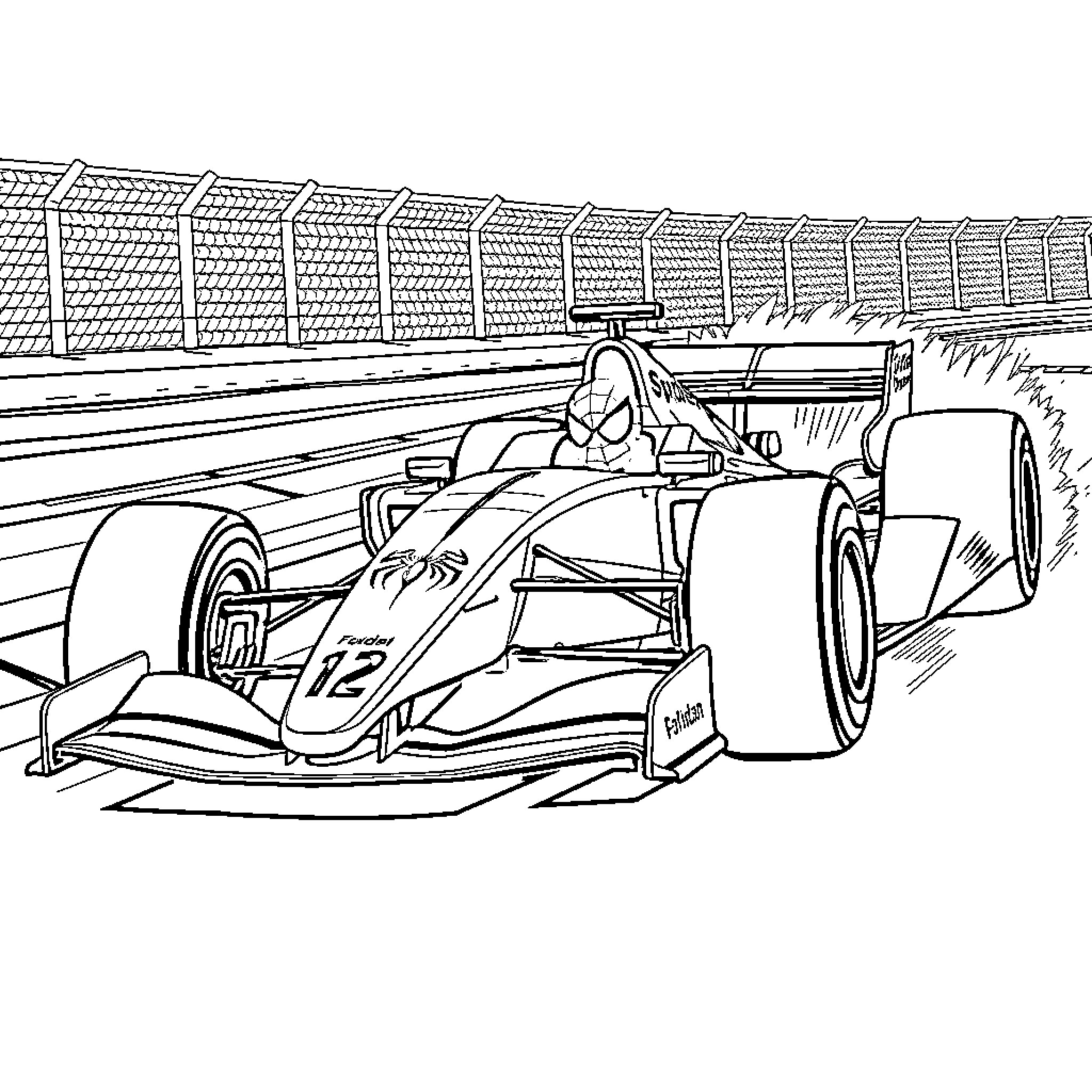 Formula 1 Car racing at high speed on the track Coloring Page (free black-and-white line drawing printable PDF for all, from beginners to advanced learners, including children, teens, adults, and seniors)