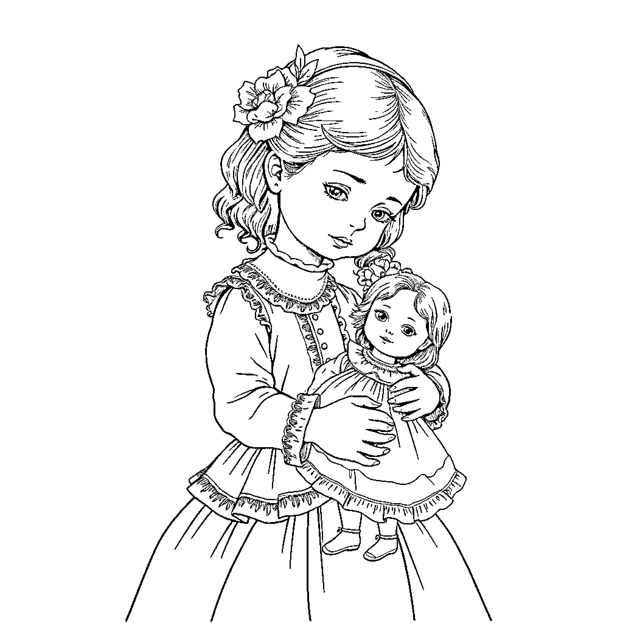Girl in vintage dress holding a doll Coloring Page (free black-and-white line drawing printable PDF for all, from beginners to advanced learners, including children, teens, adults, and seniors)
