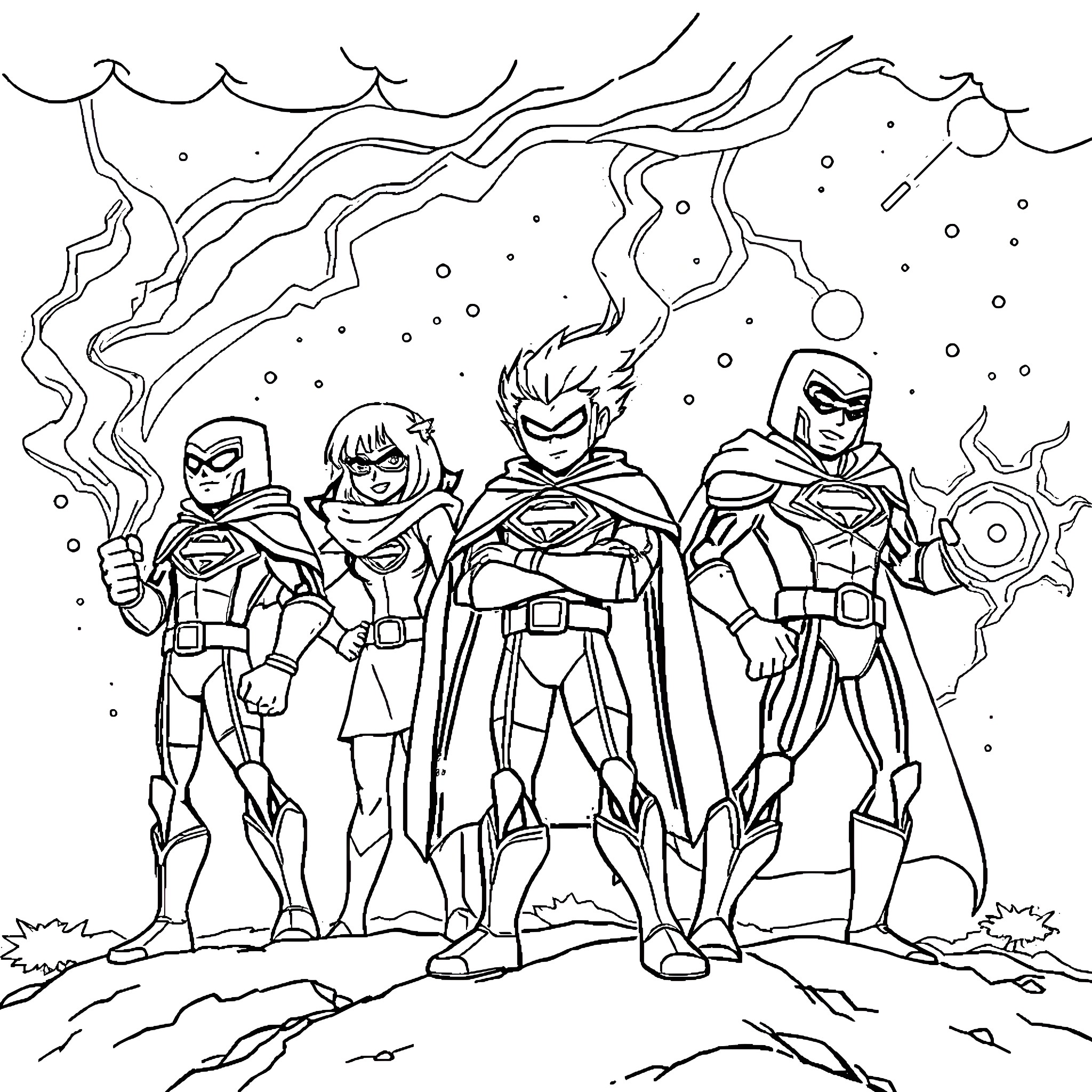 Meteo Hero Team Saves the Day Coloring Page (free black-and-white line drawing printable PDF for all, from beginners to advanced learners, including children, teens, adults, and seniors)