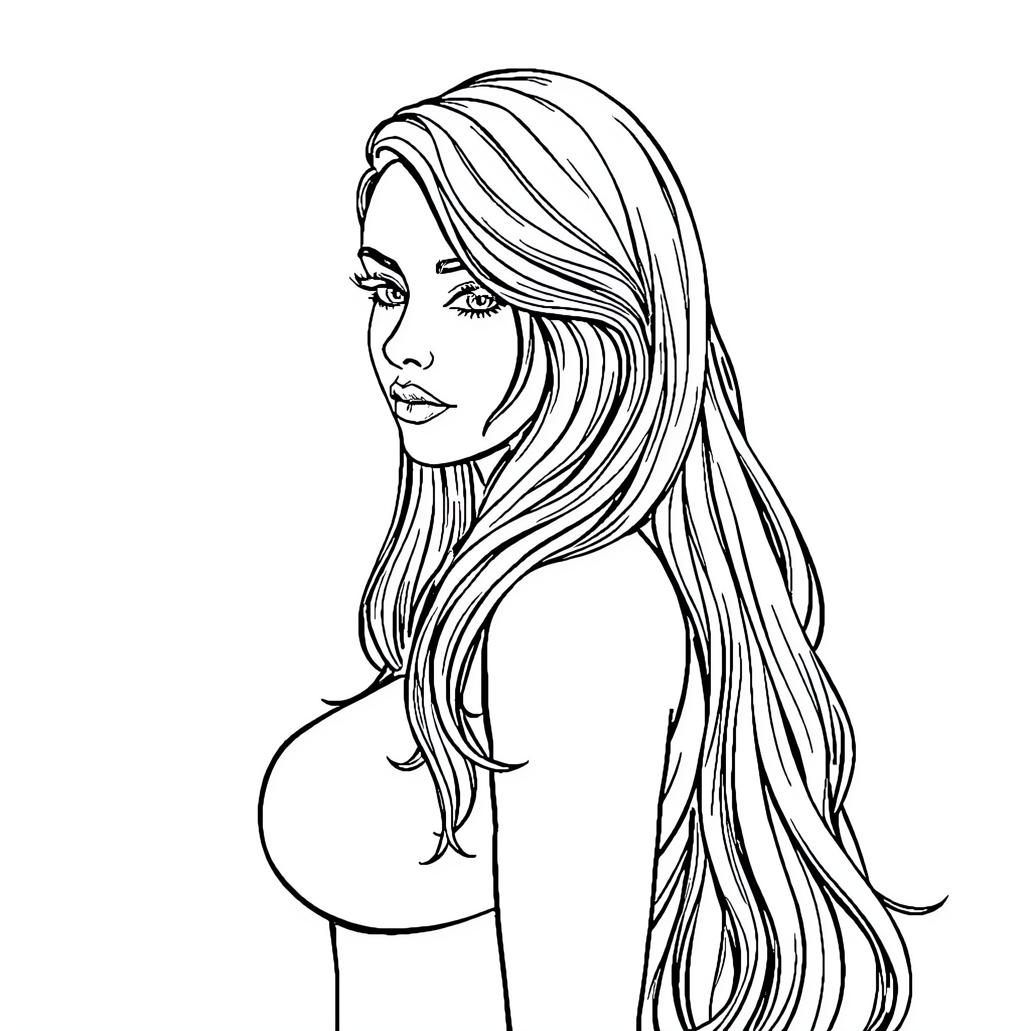 Lorena Zorro's contemplative expression with flowing hair Coloring Page (free black-and-white line drawing printable PDF for all, from beginners to advanced learners, including children, teens, adults, and seniors)