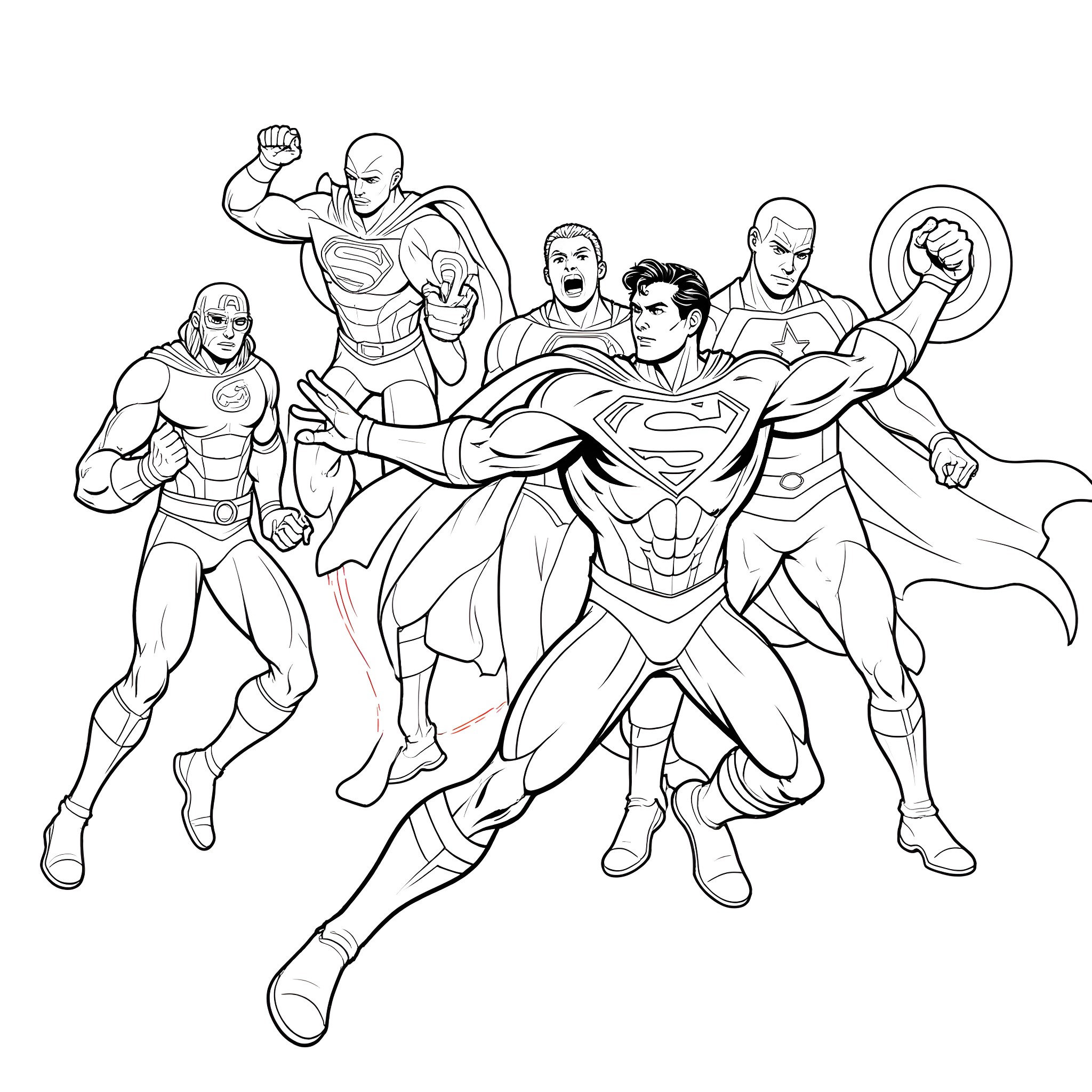 Superman and his superhero team in action Coloring Page (free black-and-white line drawing printable PDF for all, from beginners to advanced learners, including children, teens, adults, and seniors)