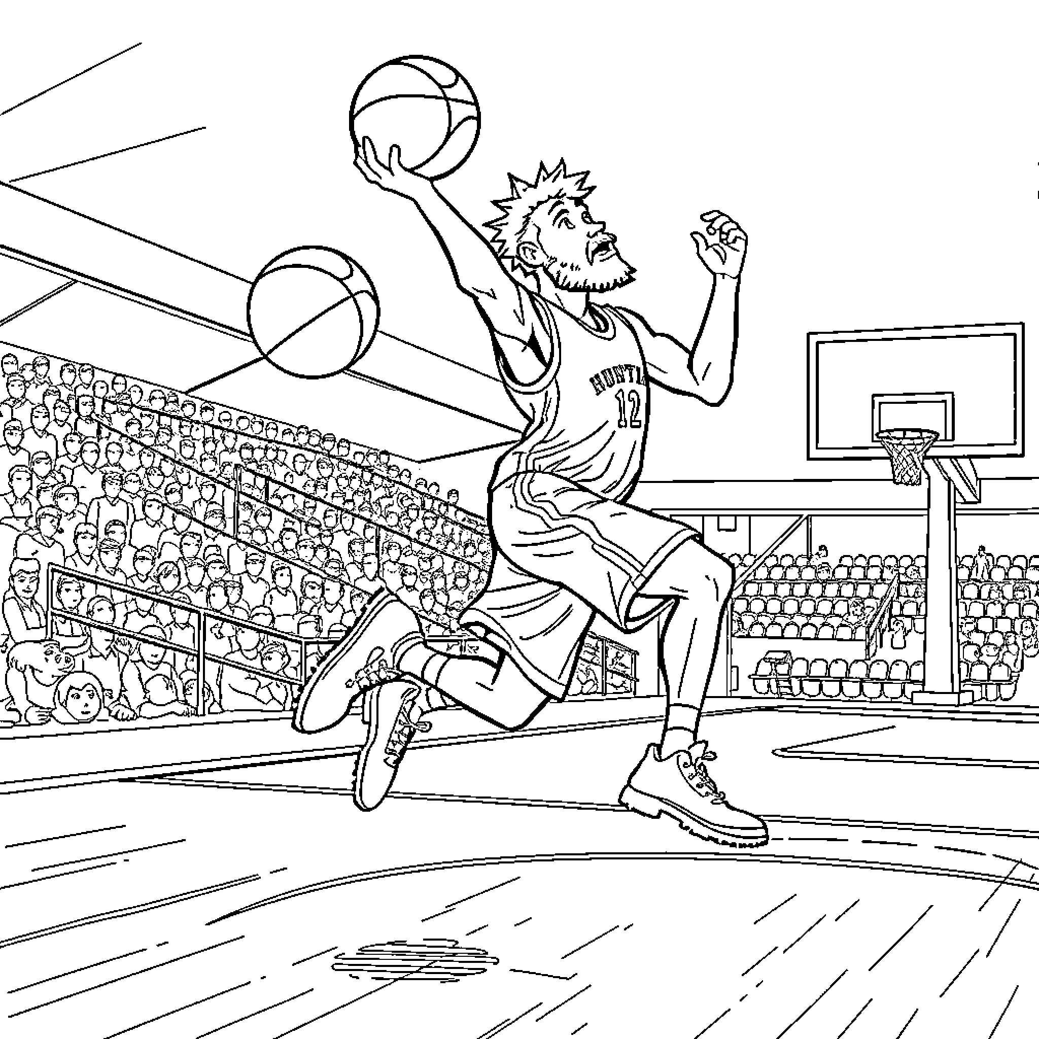 Huntrix Dunks with Intensity on Basketball Court Coloring Page (free black-and-white line drawing printable PDF for all, from beginners to advanced learners, including children, teens, adults, and seniors)