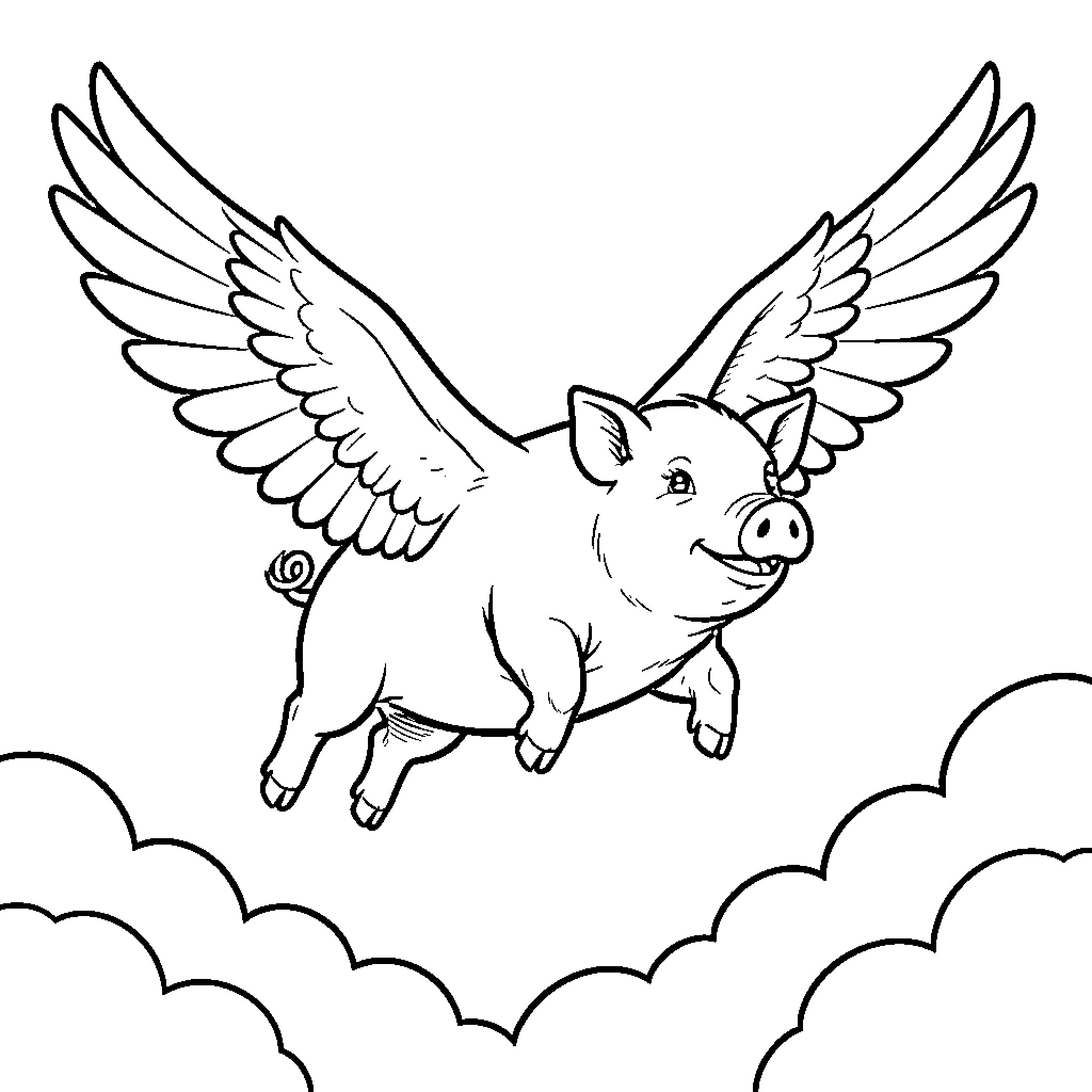 Flying Pig soaring joyfully through the clouds Coloring Page (free black-and-white line drawing printable PDF for all, from beginners to advanced learners, including children, teens, adults, and seniors)