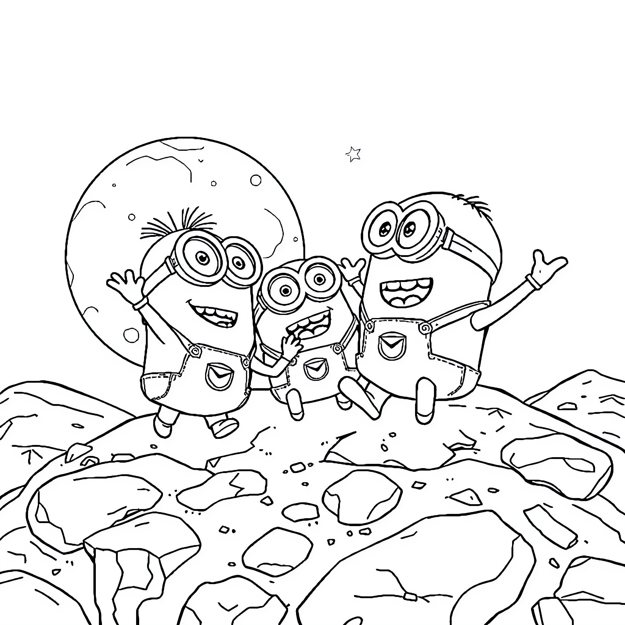 Minions enjoying a moonlit adventure Coloring Page (free black-and-white line drawing printable PDF for all, from beginners to advanced learners, including children, teens, adults, and seniors)