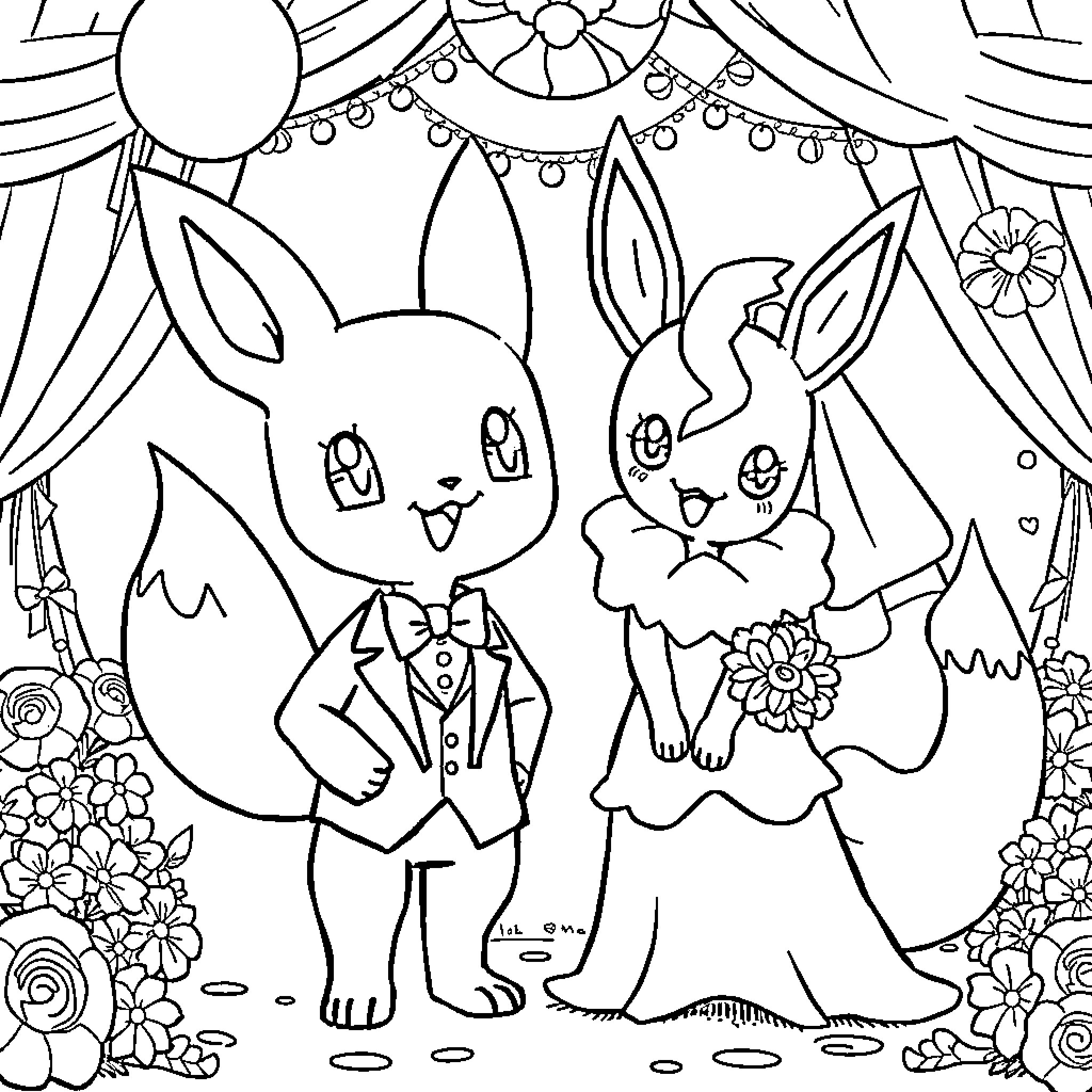 Pokémon Rabbits in Adorable Attire Coloring Page (free black-and-white line drawing printable PDF for all, from beginners to advanced learners, including children, teens, adults, and seniors)