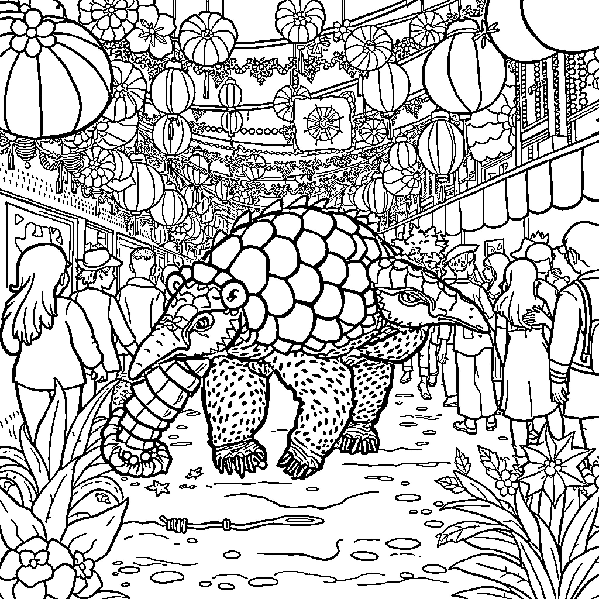 Pangolin exploring the vibrant festival Coloring Page (free black-and-white line drawing printable PDF for all, from beginners to advanced learners, including children, teens, adults, and seniors)