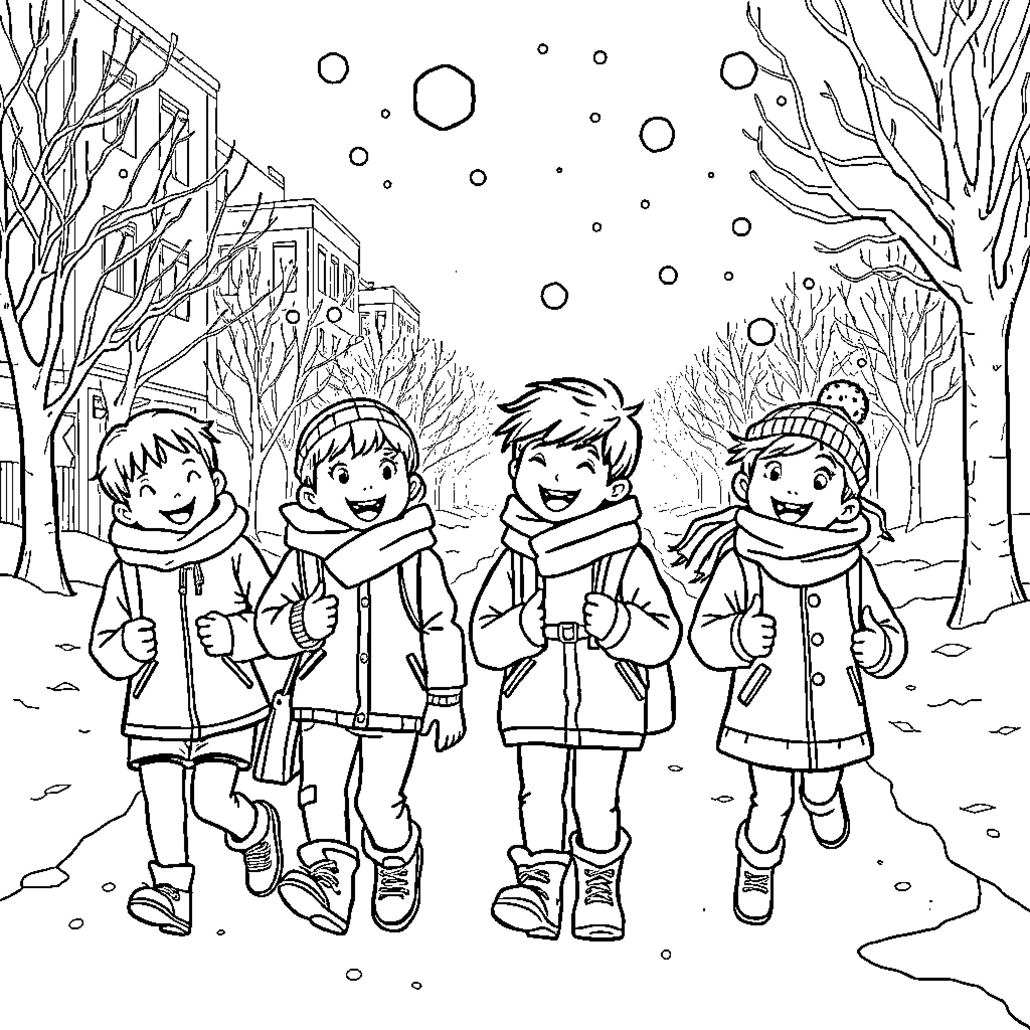 Kids enjoying a snowy winter day outdoors Coloring Page (free black-and-white line drawing printable PDF for all, from beginners to advanced learners, including children, teens, adults, and seniors)