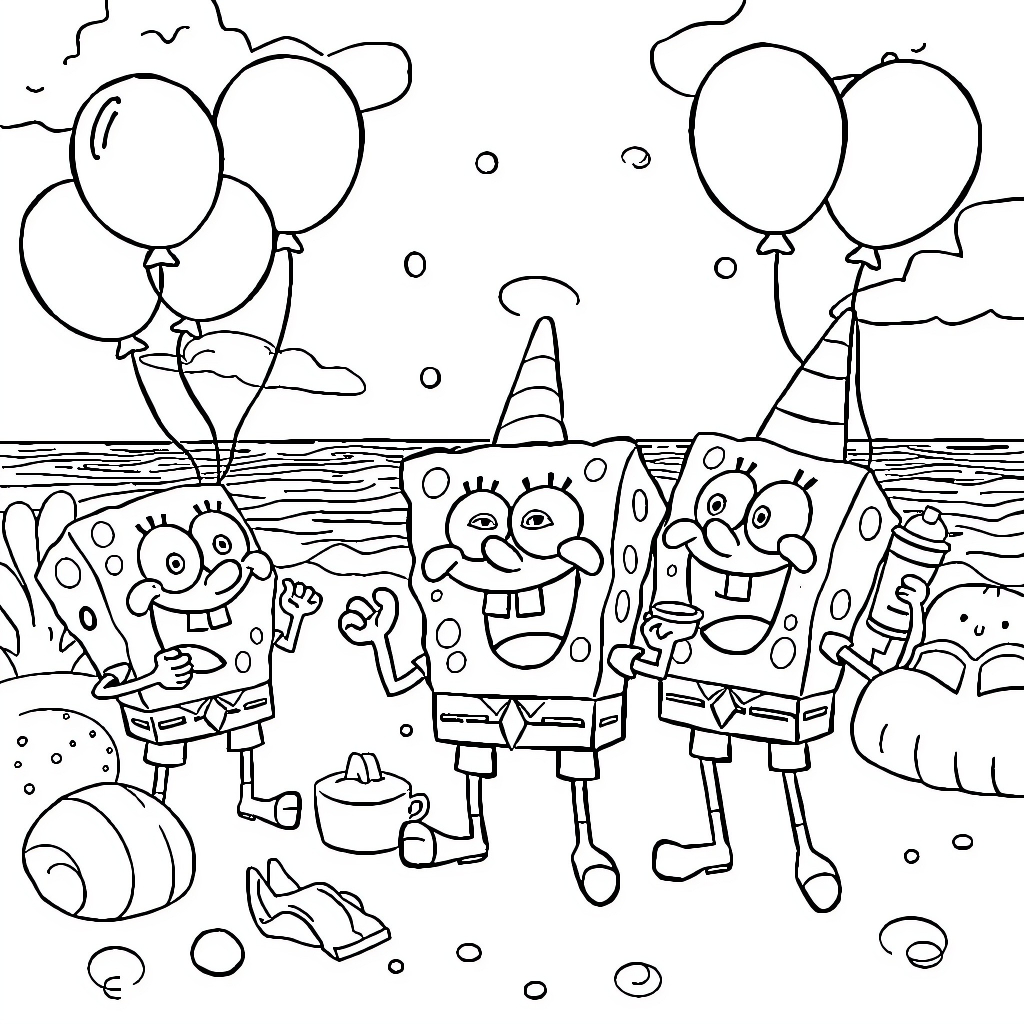Spongebob and friends having a party on the beach Coloring Page (free black-and-white line drawing printable PDF for all, from beginners to advanced learners, including children, teens, adults, and seniors)