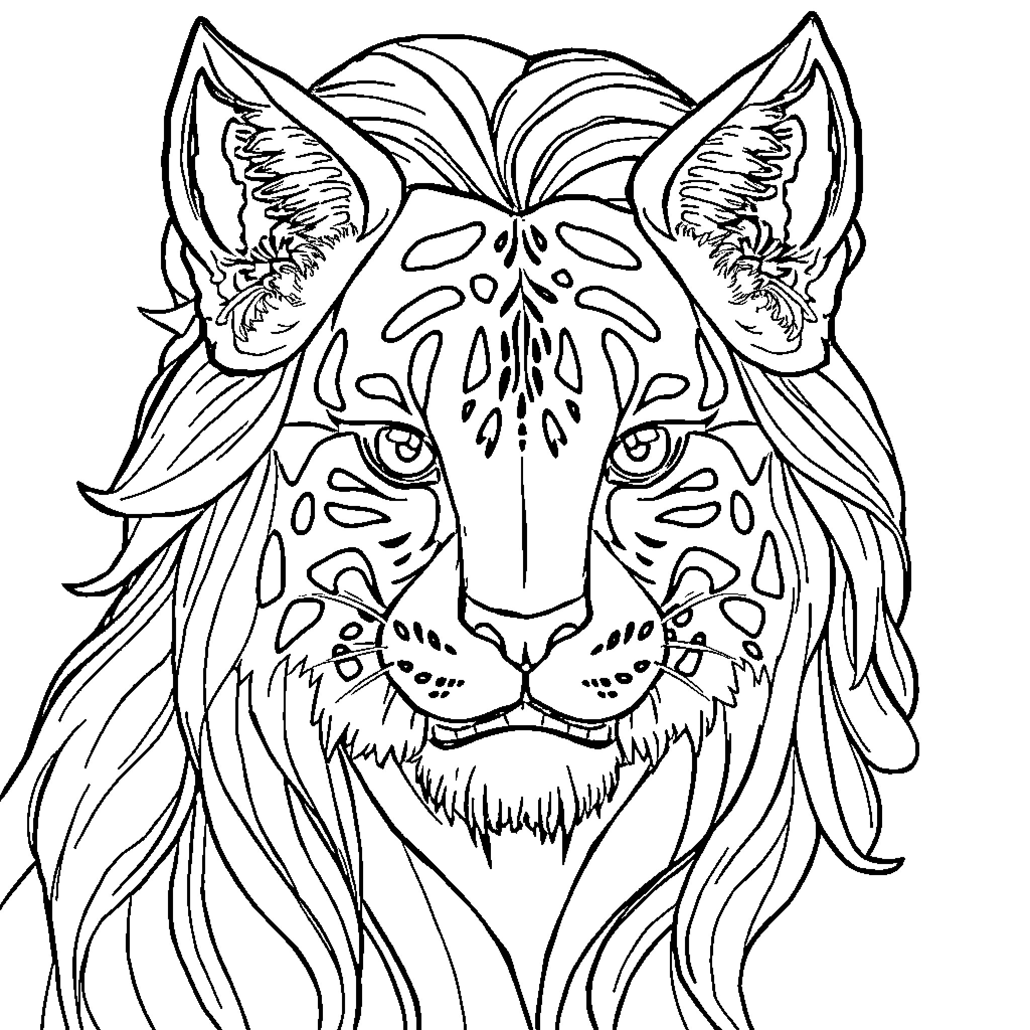 Image of detailed lynx or wild cat head Coloring Page (free black-and-white line drawing printable PDF for all, from beginners to advanced learners, including children, teens, adults, and seniors)