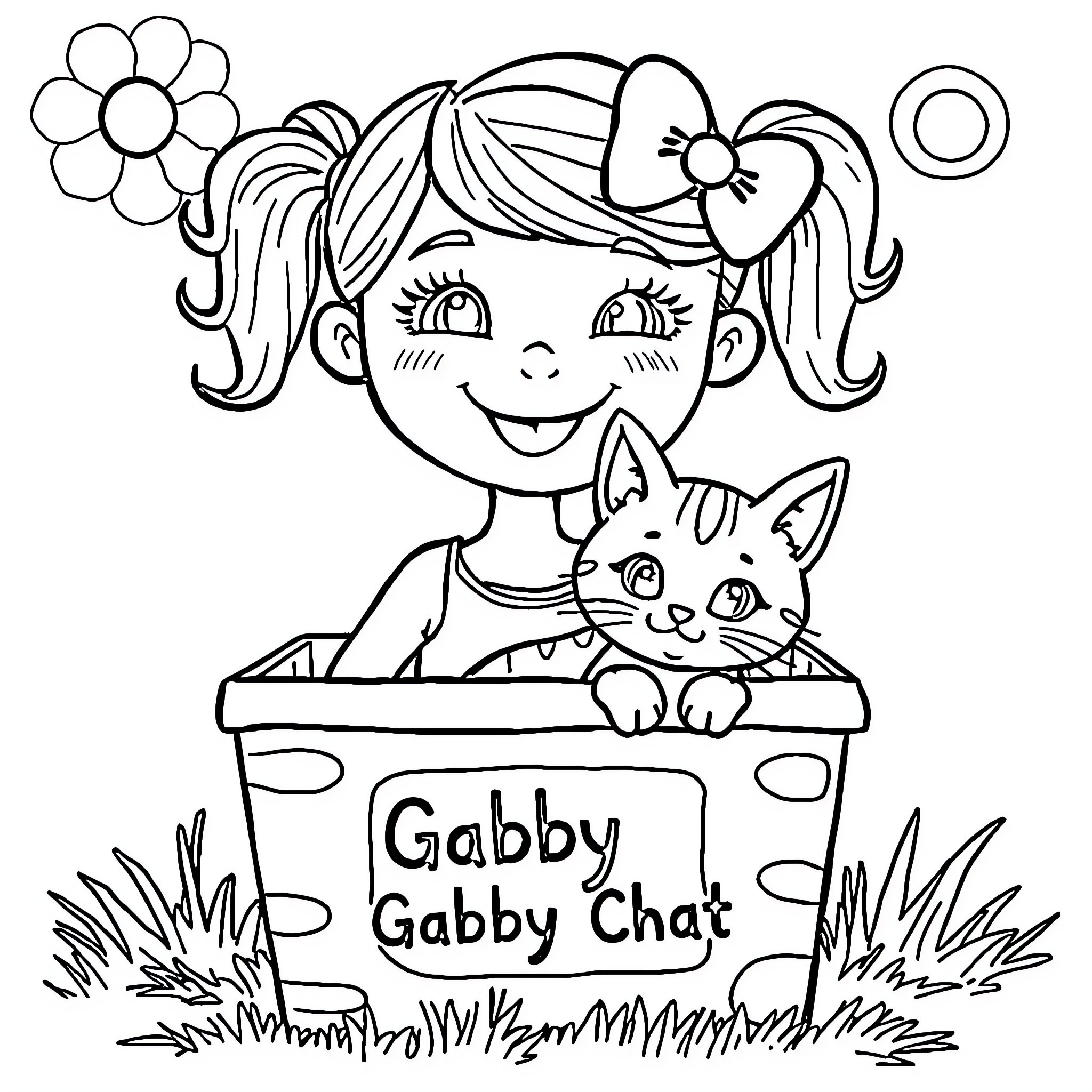 Gabby's Playful Chat with Cute Cat Coloring Page (free black-and-white line drawing printable PDF for all, from beginners to advanced learners, including children, teens, adults, and seniors)