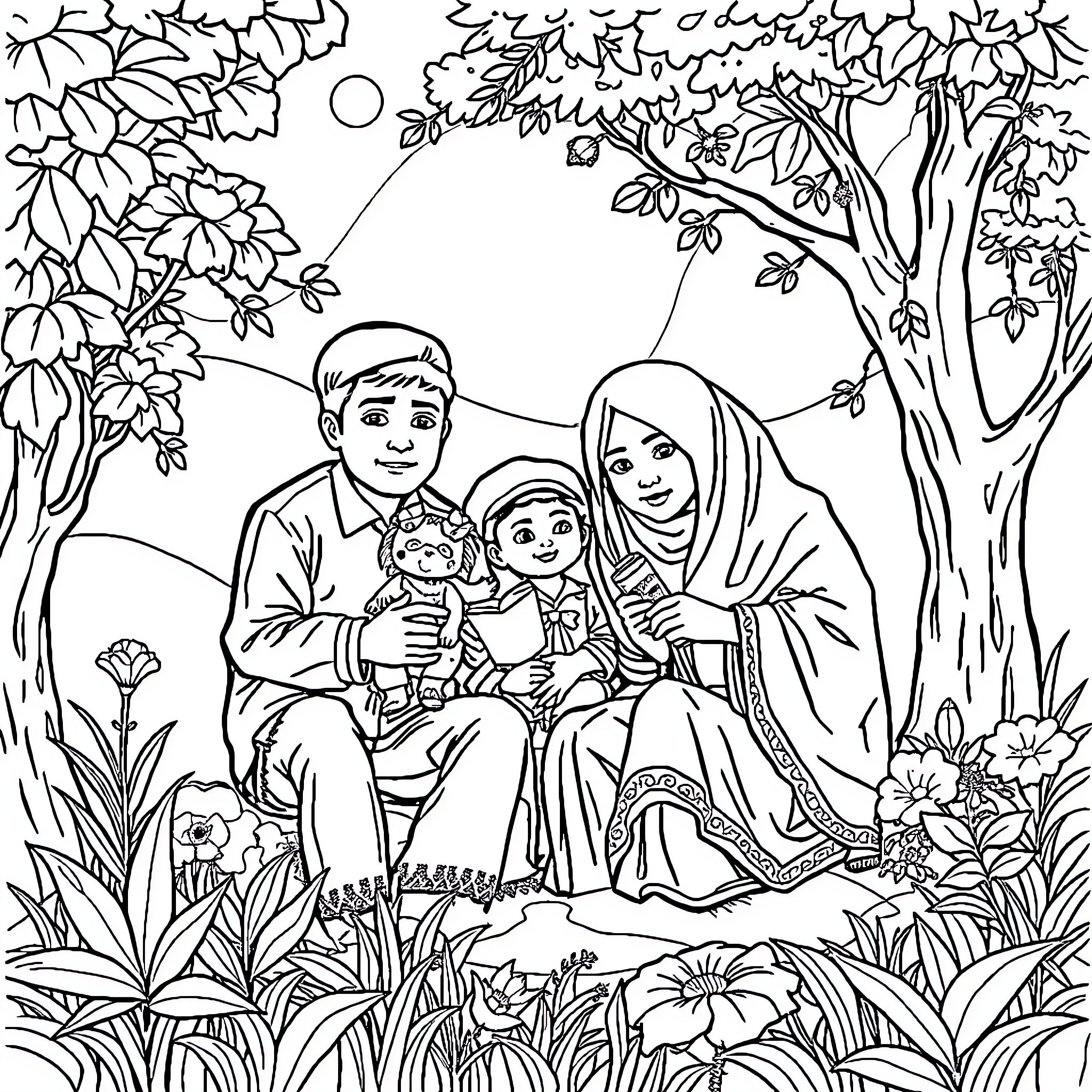 Rabbit family relaxing in the lush garden Coloring Page (free black-and-white line drawing printable PDF for all, from beginners to advanced learners, including children, teens, adults, and seniors)