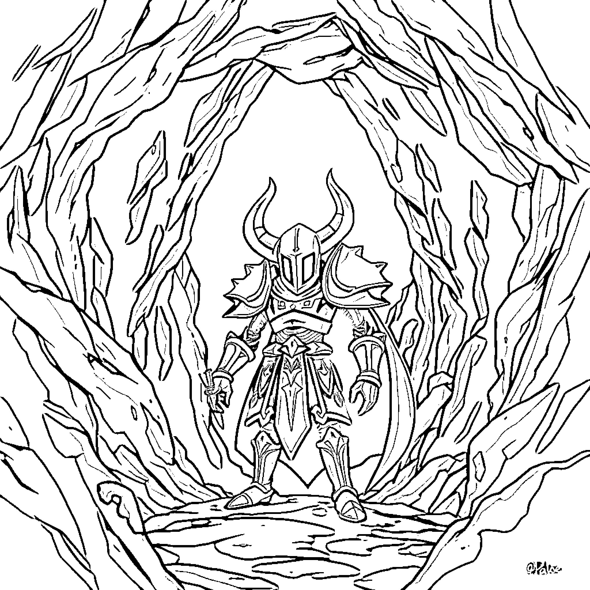 Hollow Knight in a dark, ominous cavern Coloring Page (free black-and-white line drawing printable PDF for all, from beginners to advanced learners, including children, teens, adults, and seniors)