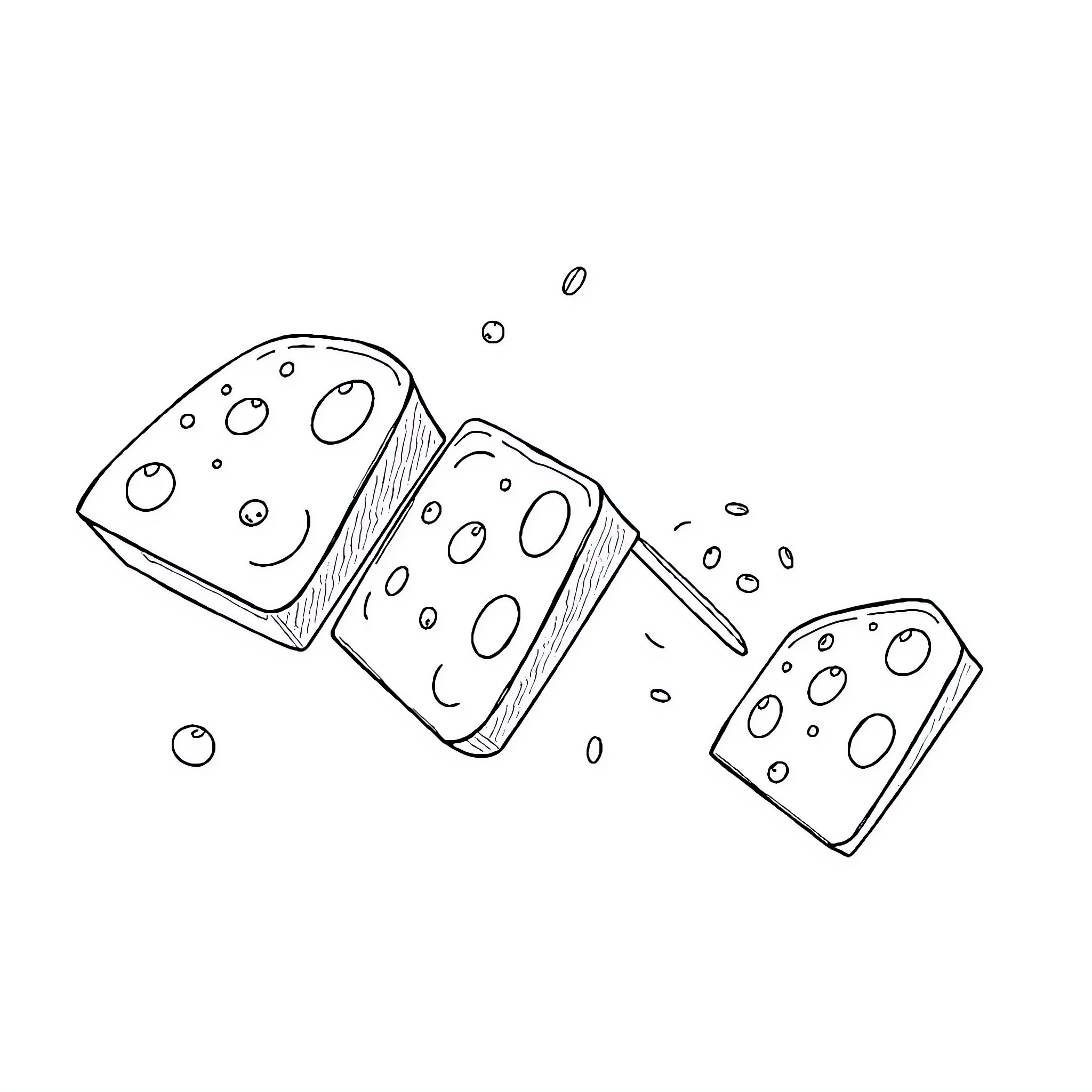 Battenburg Cake Crumbs and Slices Scattered Coloring Page (free black-and-white line drawing printable PDF for all, from beginners to advanced learners, including children, teens, adults, and seniors)
