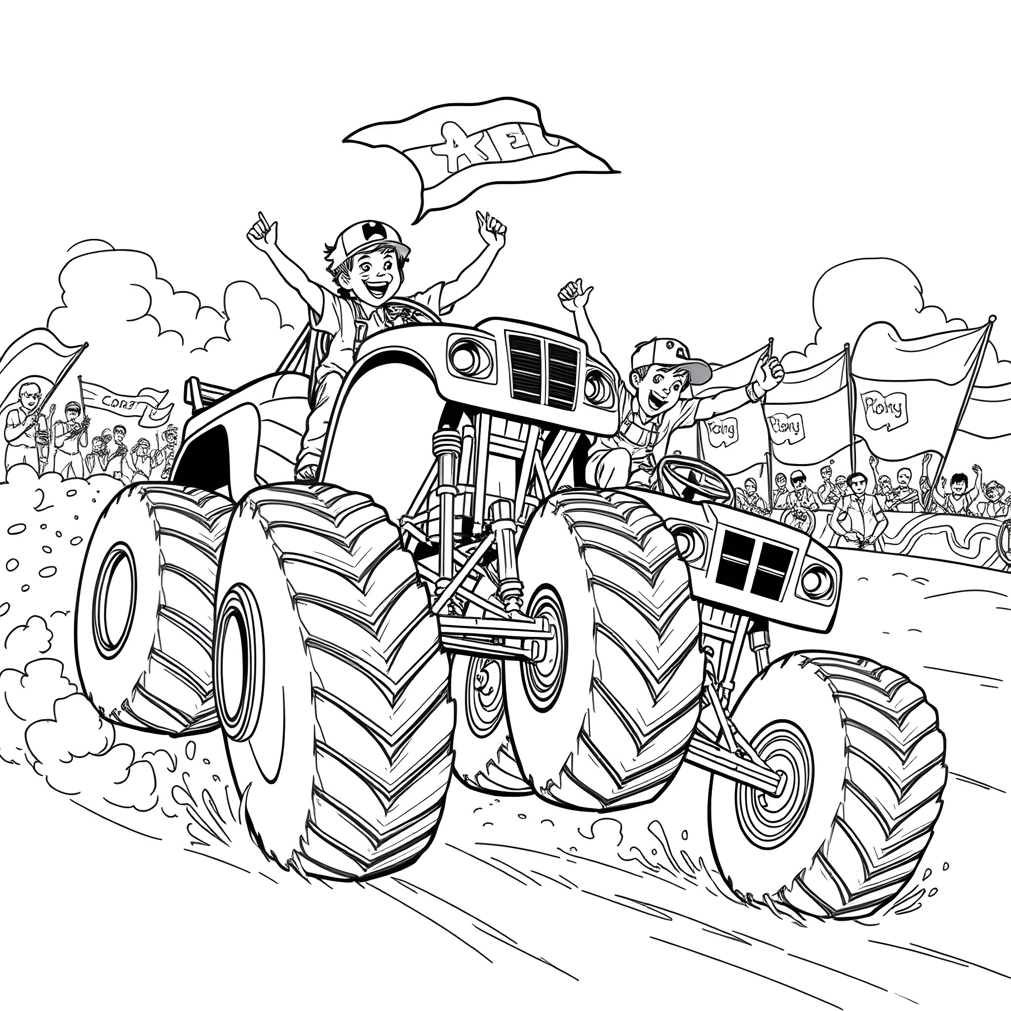Monster Truck Drivers Celebrating Victory in the Mud Coloring Page (free black-and-white line drawing printable PDF for all, from beginners to advanced learners, including children, teens, adults, and seniors)