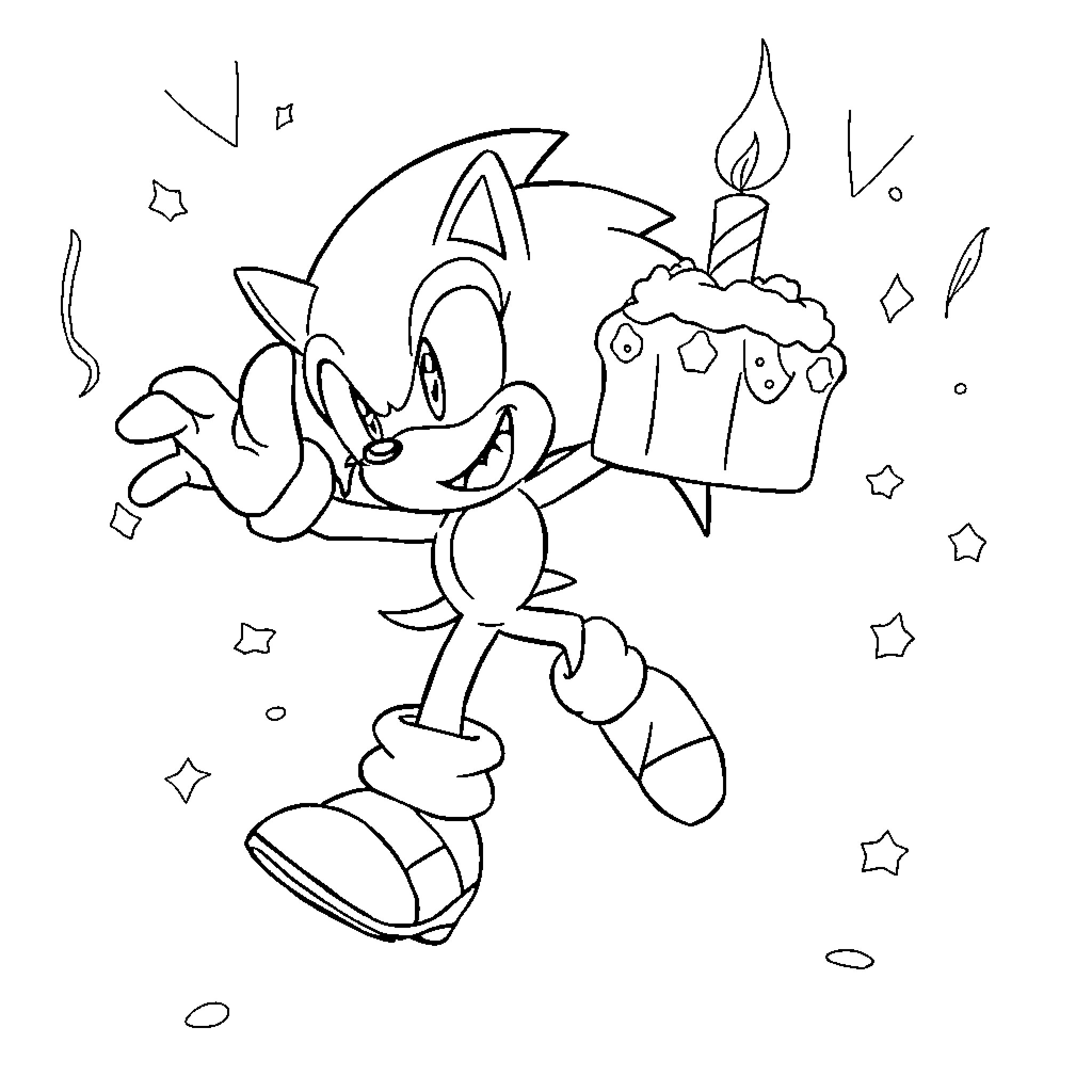 Sonic Celebrating with Birthday Cake and Confetti Coloring Page (free black-and-white line drawing printable PDF for all, from beginners to advanced learners, including children, teens, adults, and seniors)
