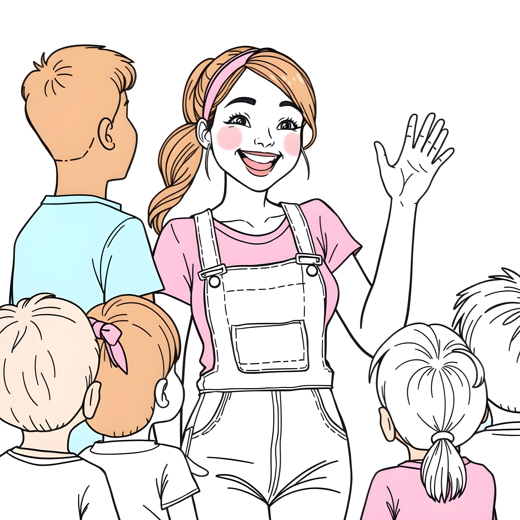 Teacher Interacting Positively with Students Coloring Page (free black-and-white line drawing printable PDF for all, from beginners to advanced learners, including children, teens, adults, and seniors)