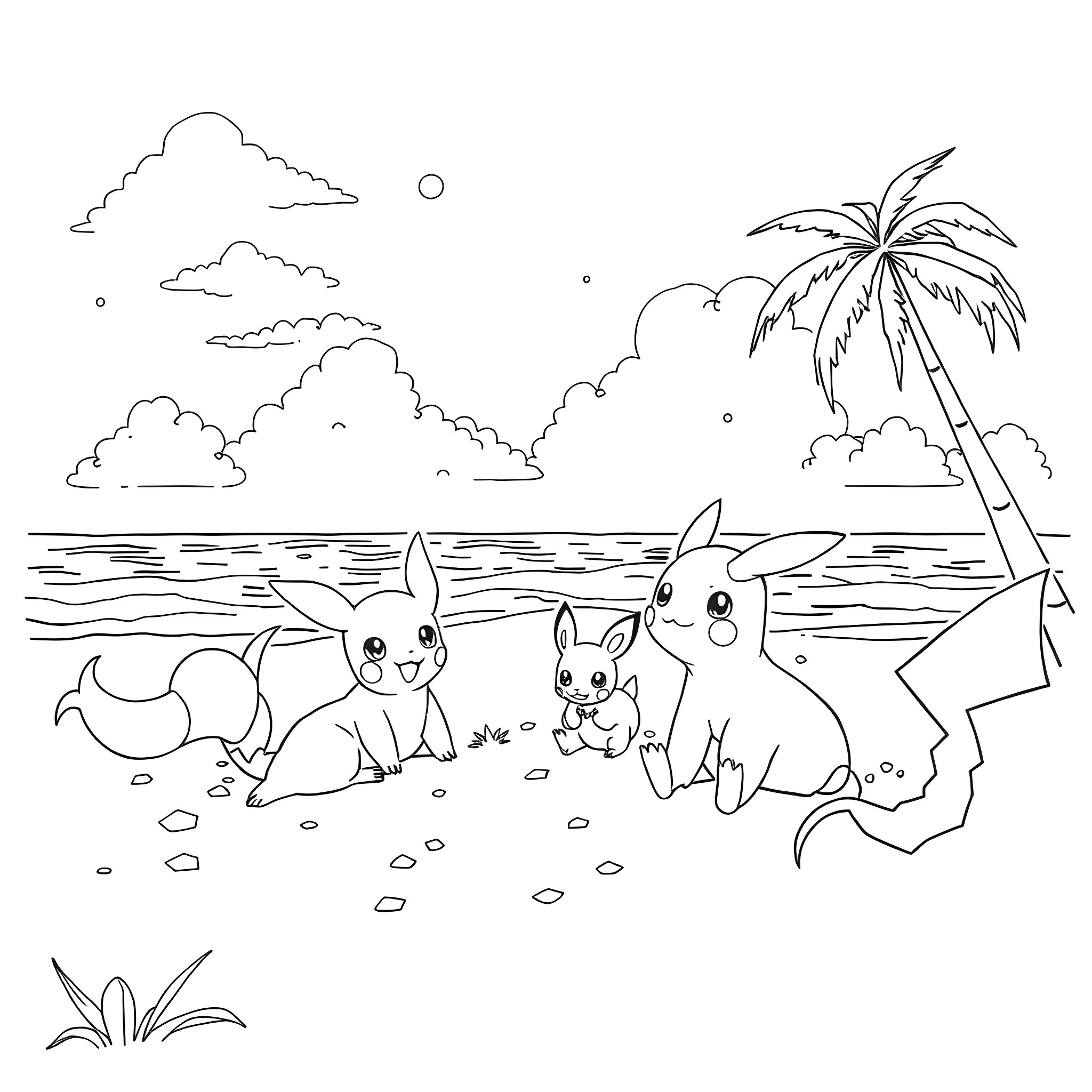 Pokémon enjoying a sunny day at the beach Coloring Page (free black-and-white line drawing printable PDF for all, from beginners to advanced learners, including children, teens, adults, and seniors)
