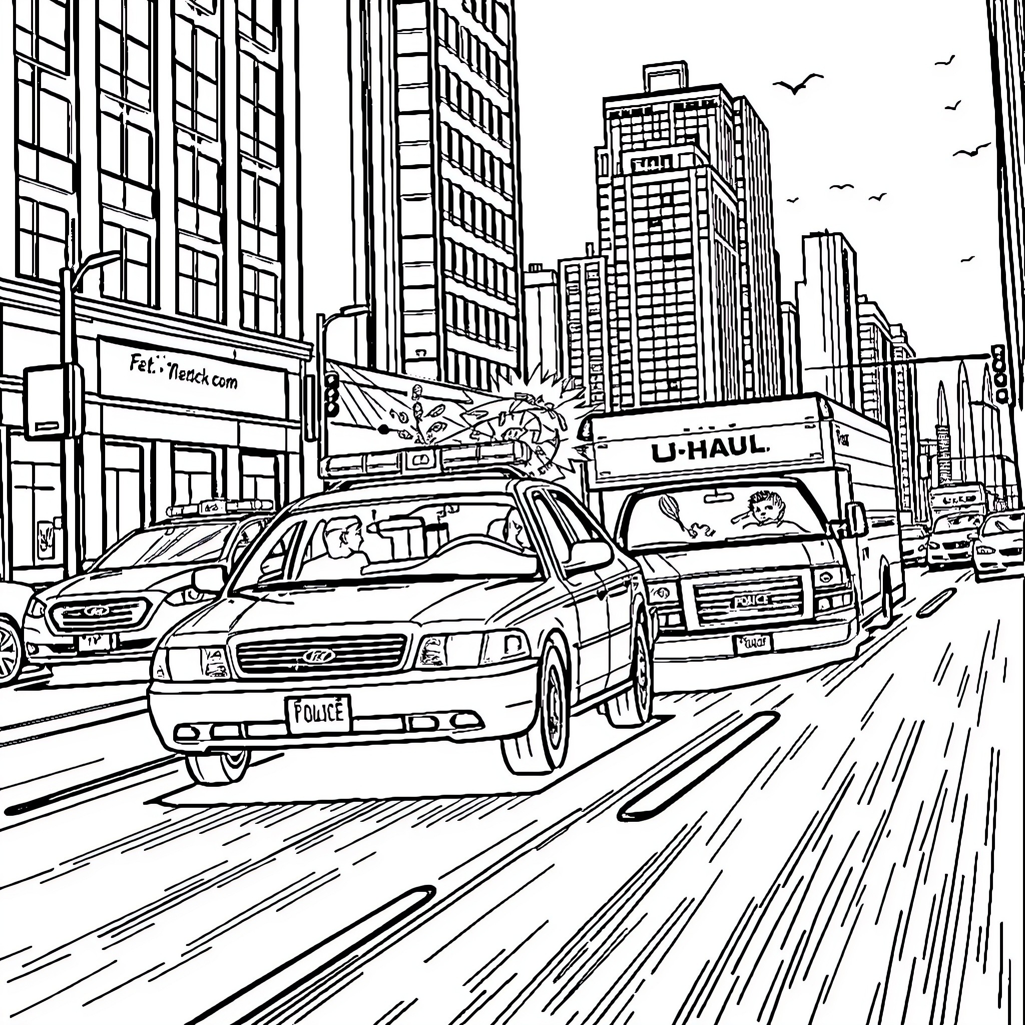 Police vehicles responding to emergency in city Coloring Page (free black-and-white line drawing printable PDF for all, from beginners to advanced learners, including children, teens, adults, and seniors)
