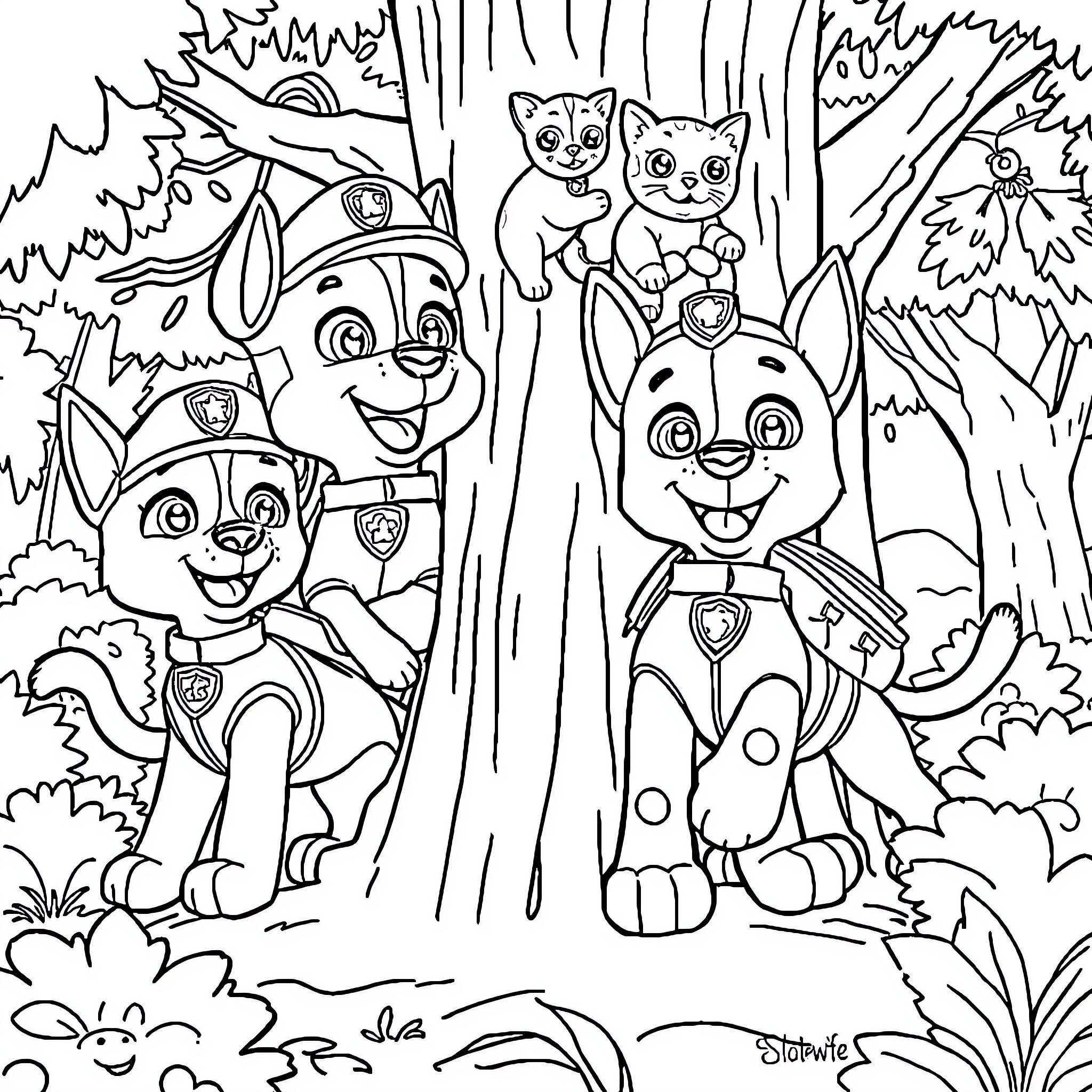 Paw Patrol pups exploring the forest together Coloring Page (free black-and-white line drawing printable PDF for all, from beginners to advanced learners, including children, teens, adults, and seniors)
