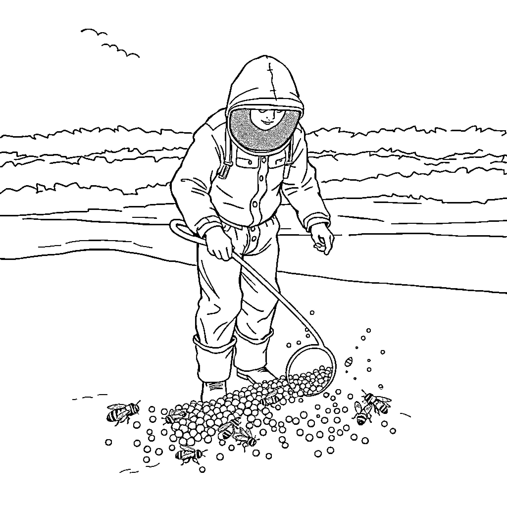 Beekeeper tending to beehive in field Coloring Page (free black-and-white line drawing printable PDF for all, from beginners to advanced learners, including children, teens, adults, and seniors)