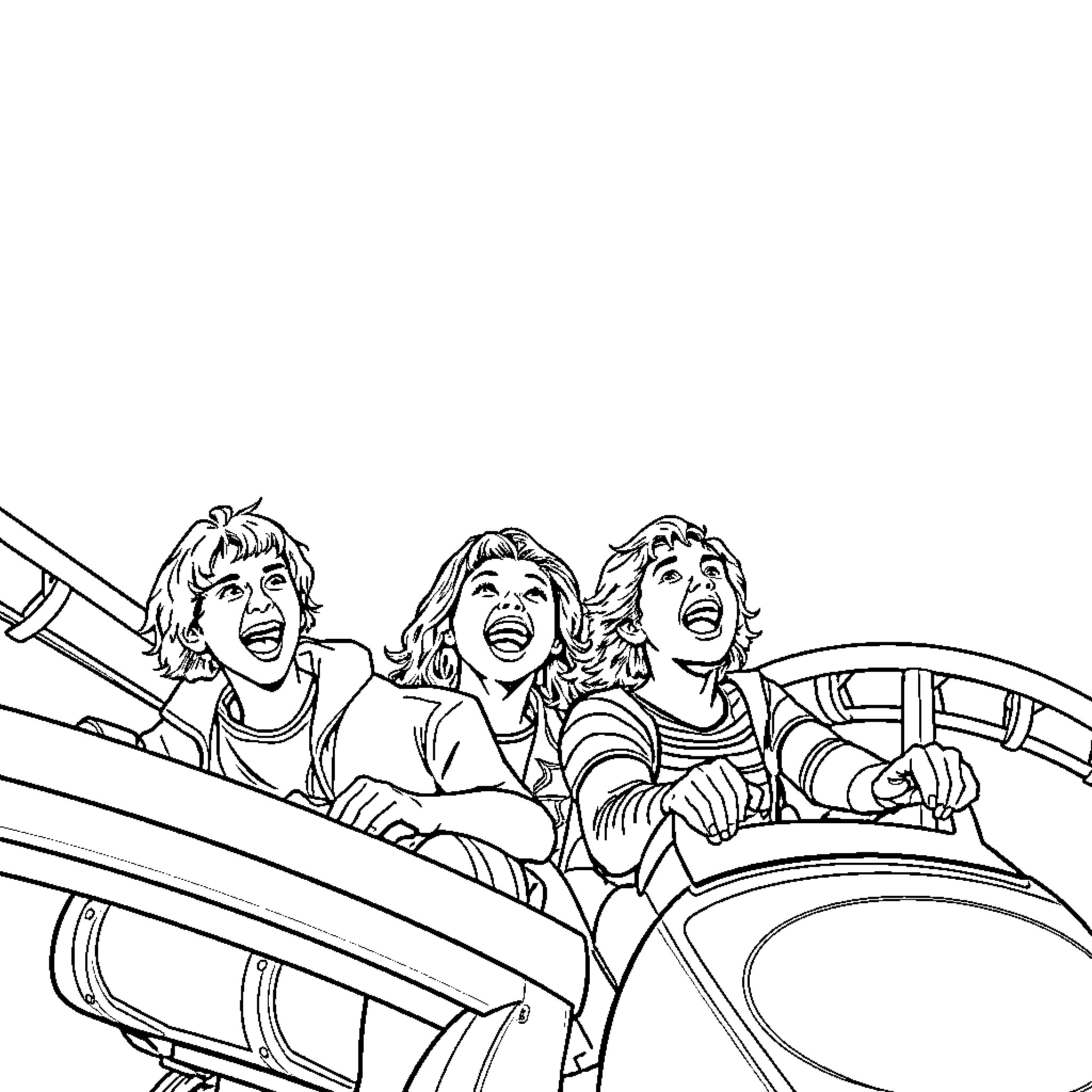Stranger Things Teens Riding Rollercoaster with Excitement Coloring Page (free black-and-white line drawing printable PDF for all, from beginners to advanced learners, including children, teens, adults, and seniors)