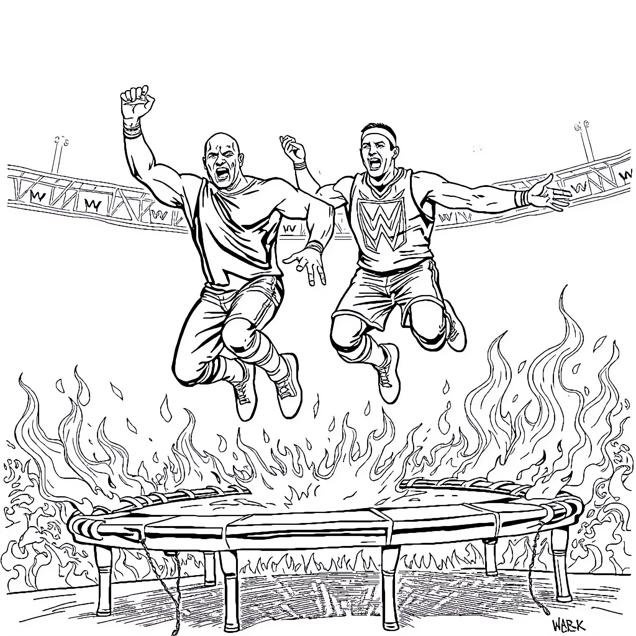 Rock wrestlers triumphantly leap over flaming stage Coloring Page (free black-and-white line drawing printable PDF for all, from beginners to advanced learners, including children, teens, adults, and seniors)