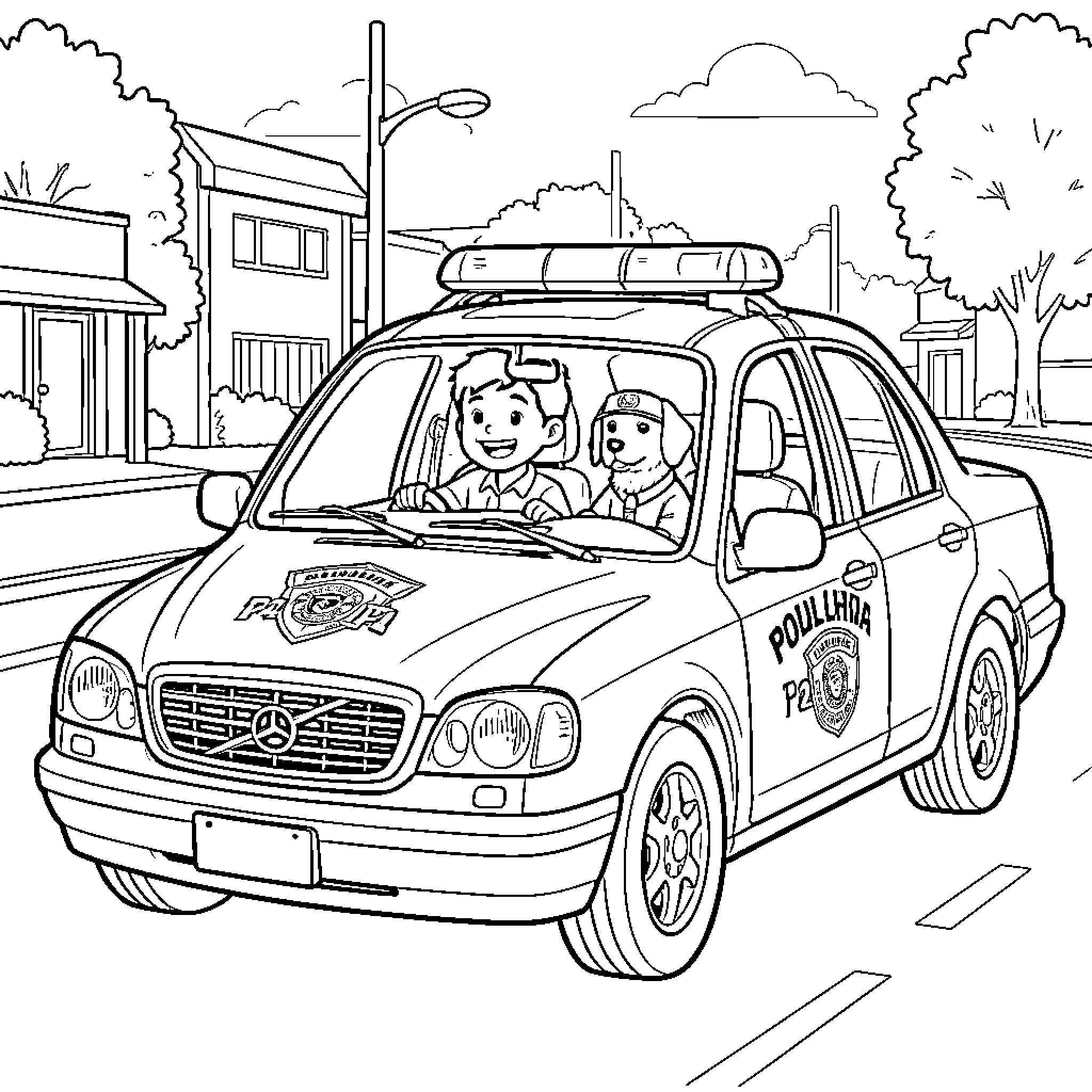 Boy police officers in patrol car on duty Coloring Page (free black-and-white line drawing printable PDF for all, from beginners to advanced learners, including children, teens, adults, and seniors)