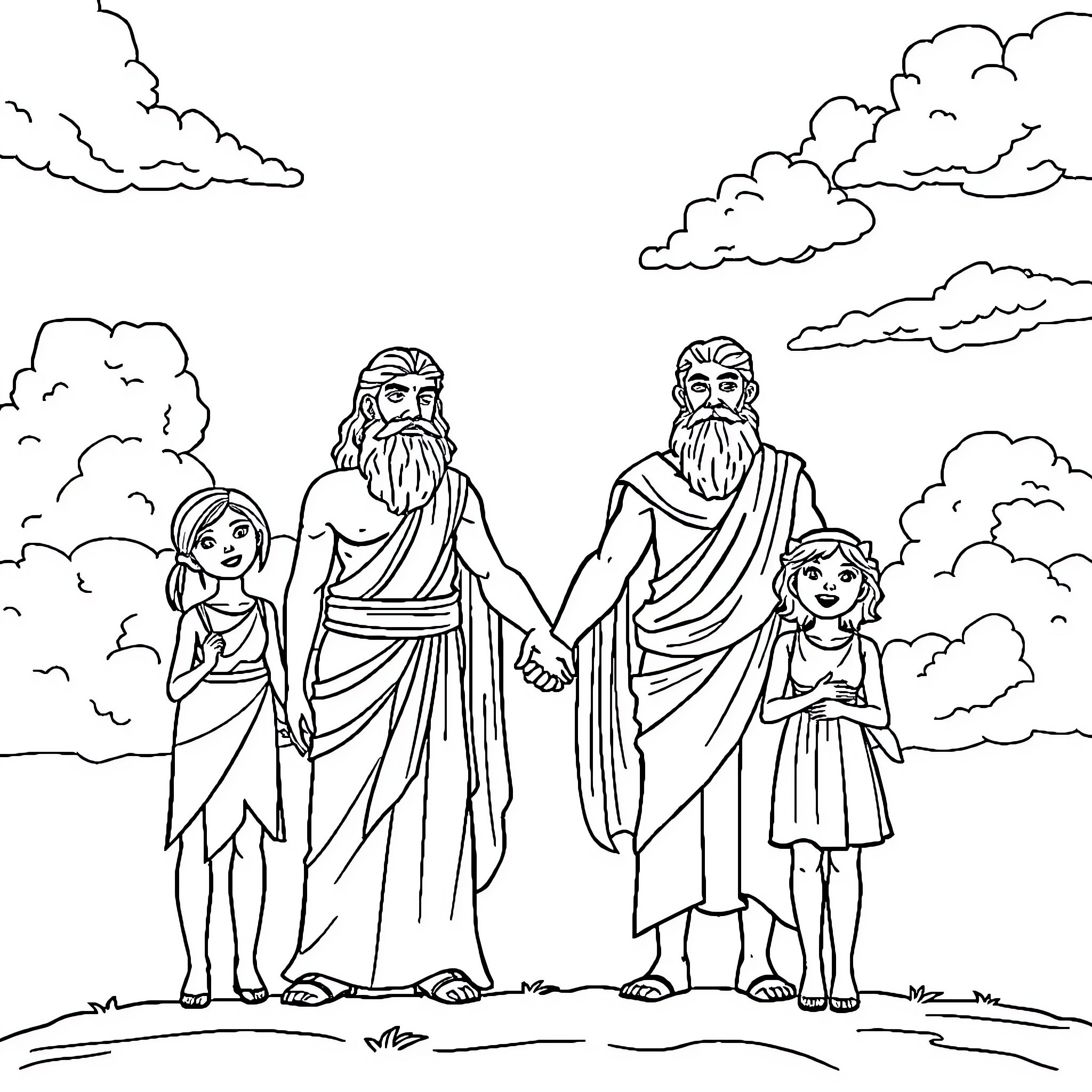 Zeus and his family in the clouds Coloring Page (free black-and-white line drawing printable PDF for all, from beginners to advanced learners, including children, teens, adults, and seniors)