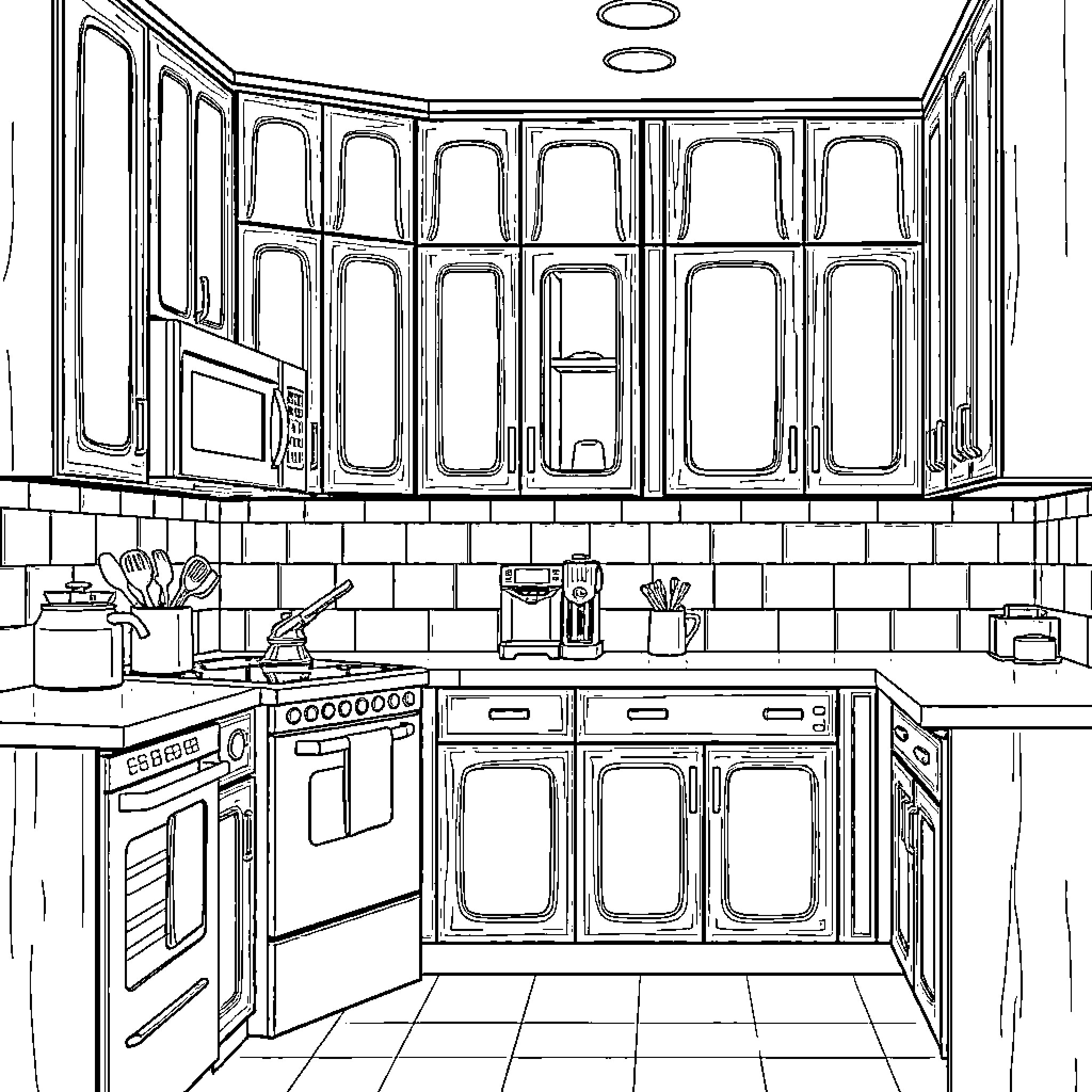 Kitchen with appliances and cookware Coloring Page (free black-and-white line drawing printable PDF for all, from beginners to advanced learners, including children, teens, adults, and seniors)