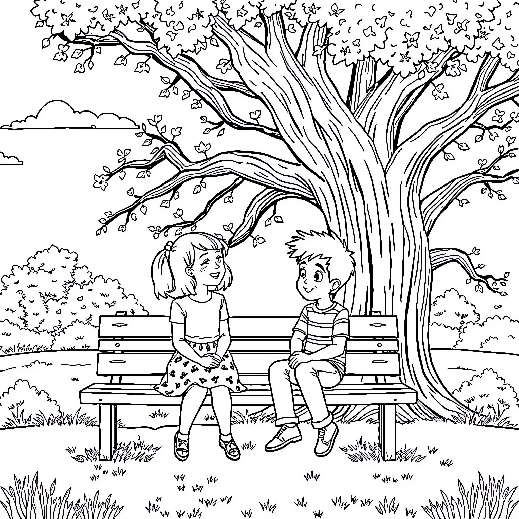 Olivia and her friend enjoy a spring day in the park Coloring Page (free black-and-white line drawing printable PDF for all, from beginners to advanced learners, including children, teens, adults, and seniors)
