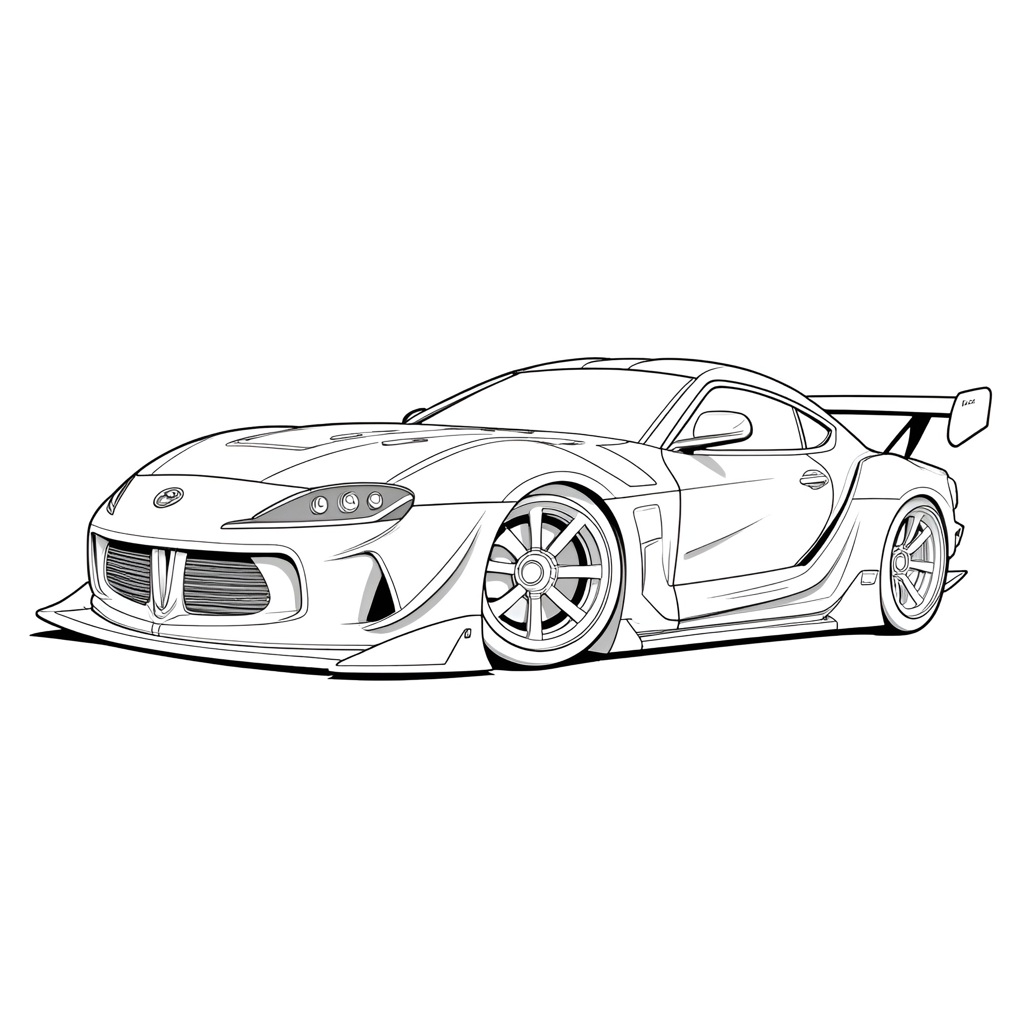 Supra sports car with aerodynamic modifications Coloring Page (free black-and-white line drawing printable PDF for all, from beginners to advanced learners, including children, teens, adults, and seniors)