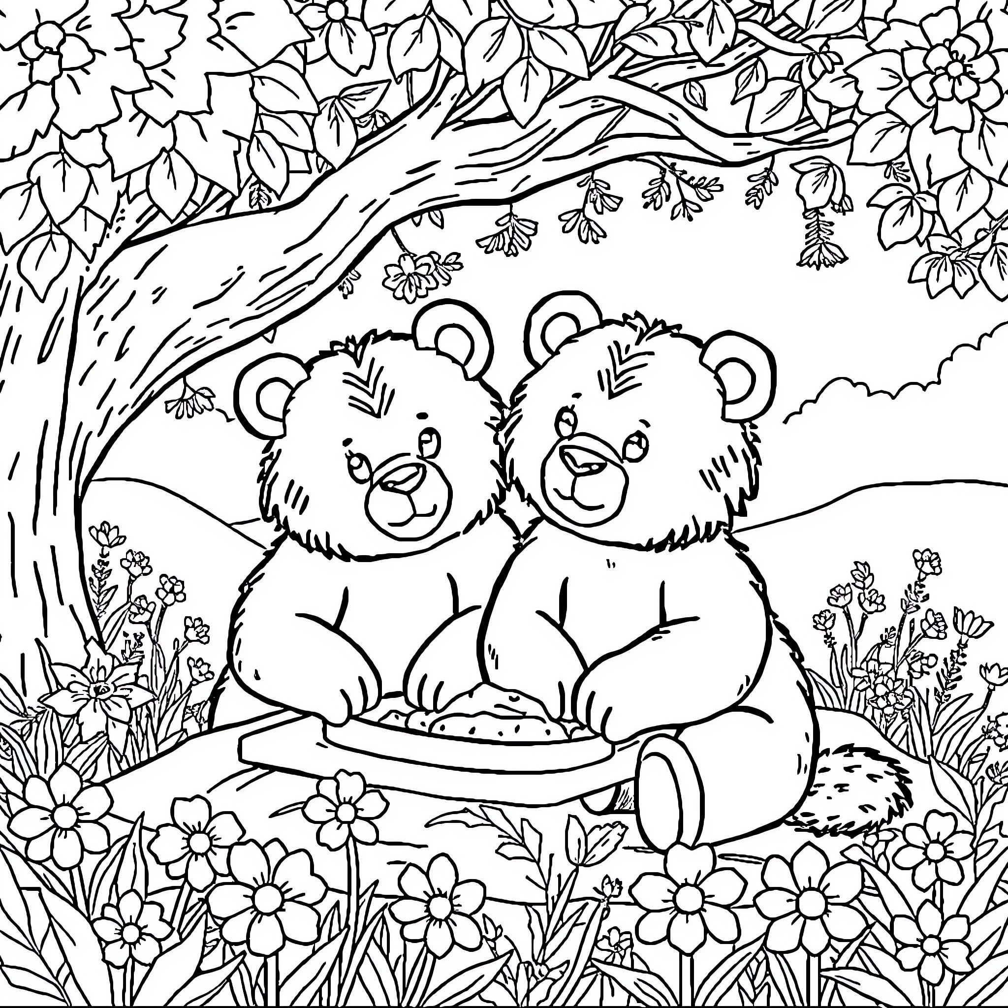 Urso Bears Sitting Amid Lush Floral Scenery Coloring Page (free black-and-white line drawing printable PDF for all, from beginners to advanced learners, including children, teens, adults, and seniors)