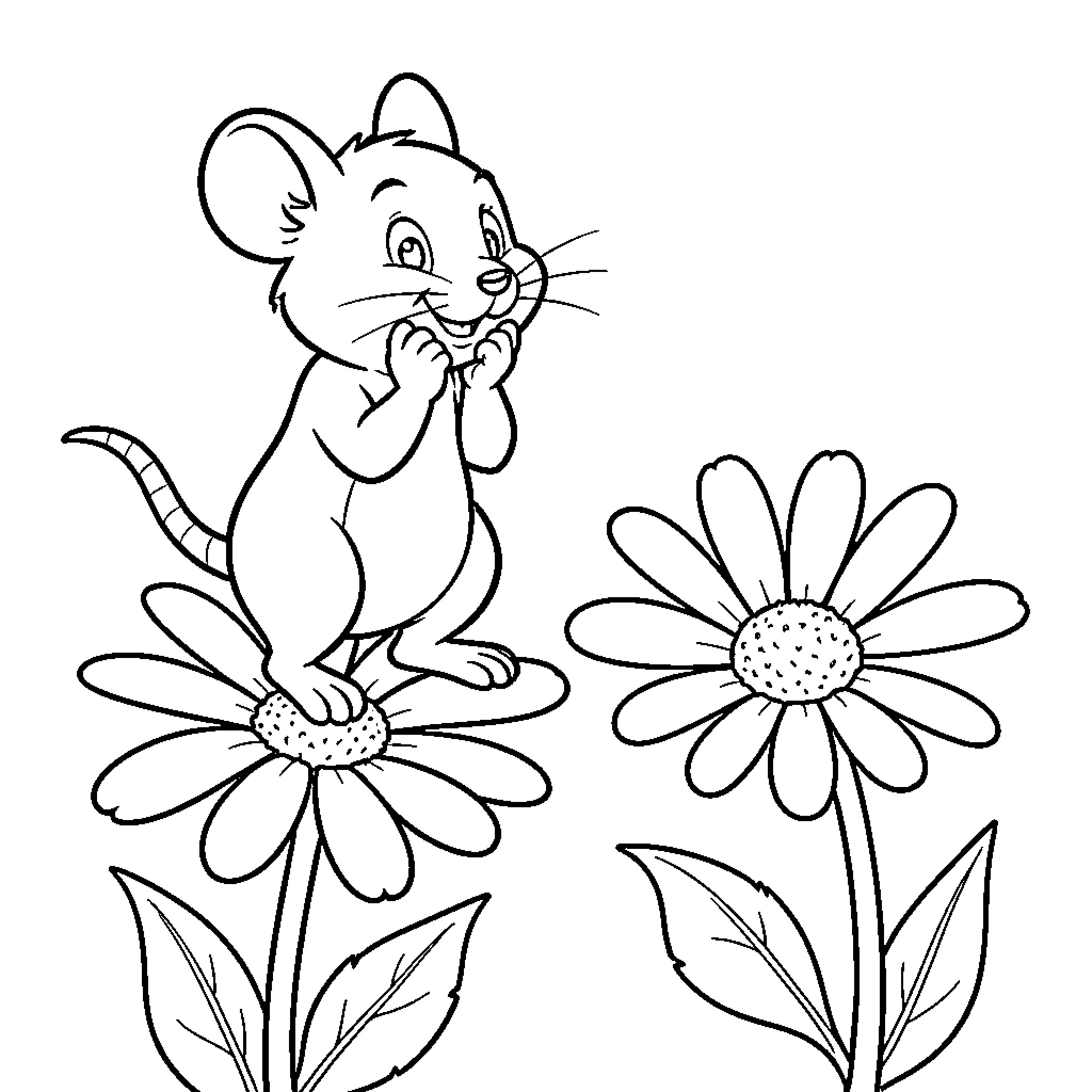 Jerry Mouse smiling while standing on a large flower Coloring Page (free black-and-white line drawing printable PDF for all, from beginners to advanced learners, including children, teens, adults, and seniors)