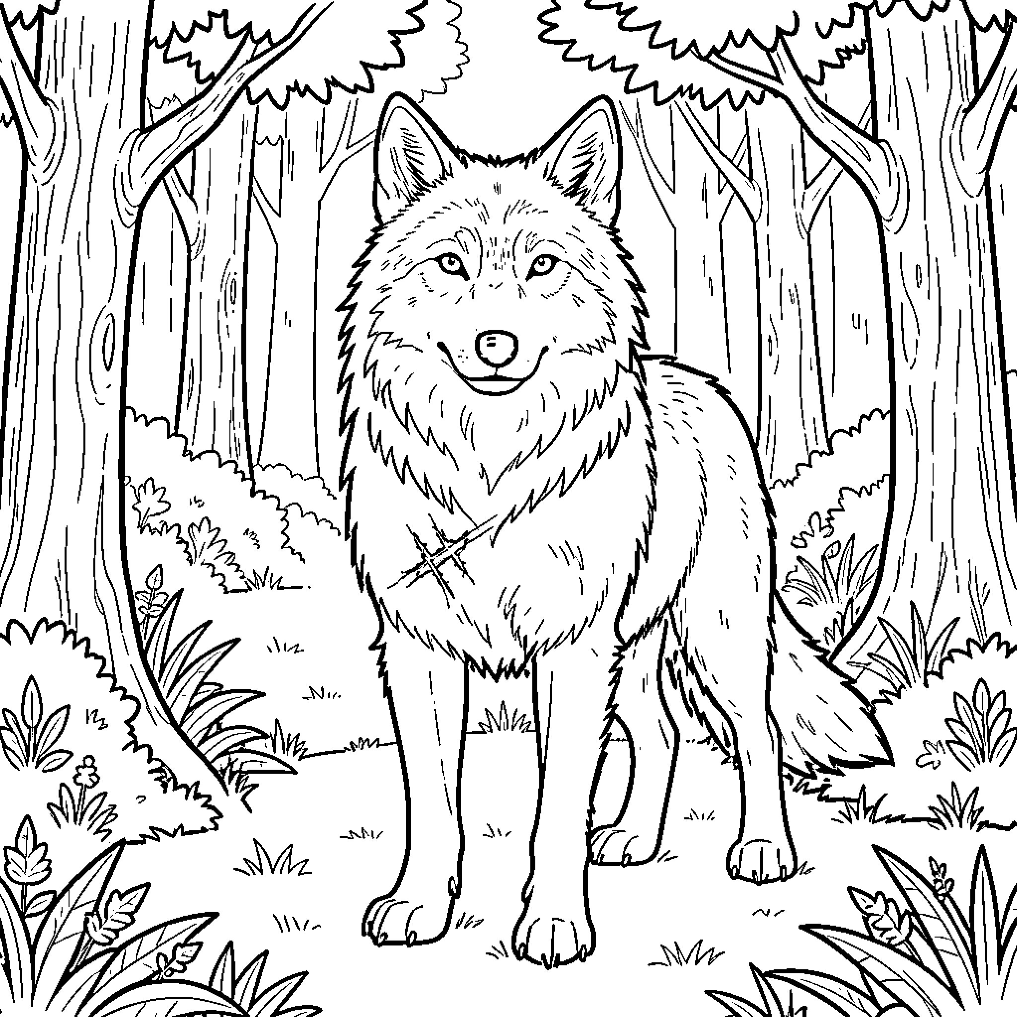Wolf standing calmly in a dense forest Coloring Page (free black-and-white line drawing printable PDF for all, from beginners to advanced learners, including children, teens, adults, and seniors)