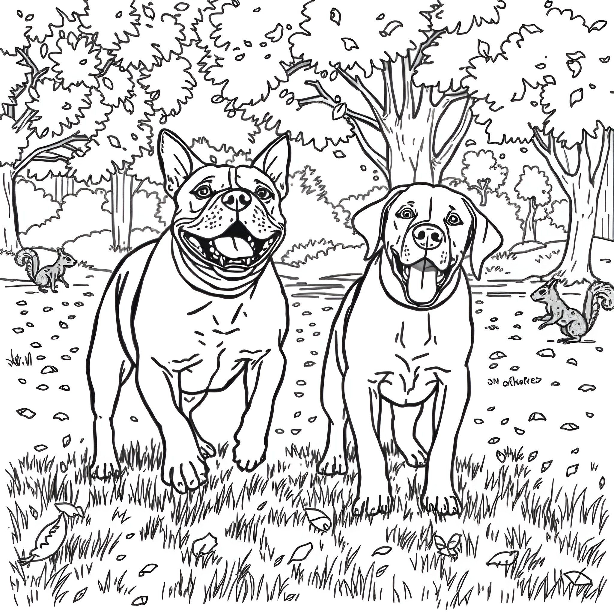 Bulldogs exploring the forest landscape Coloring Page (free black-and-white line drawing printable PDF for all, from beginners to advanced learners, including children, teens, adults, and seniors)