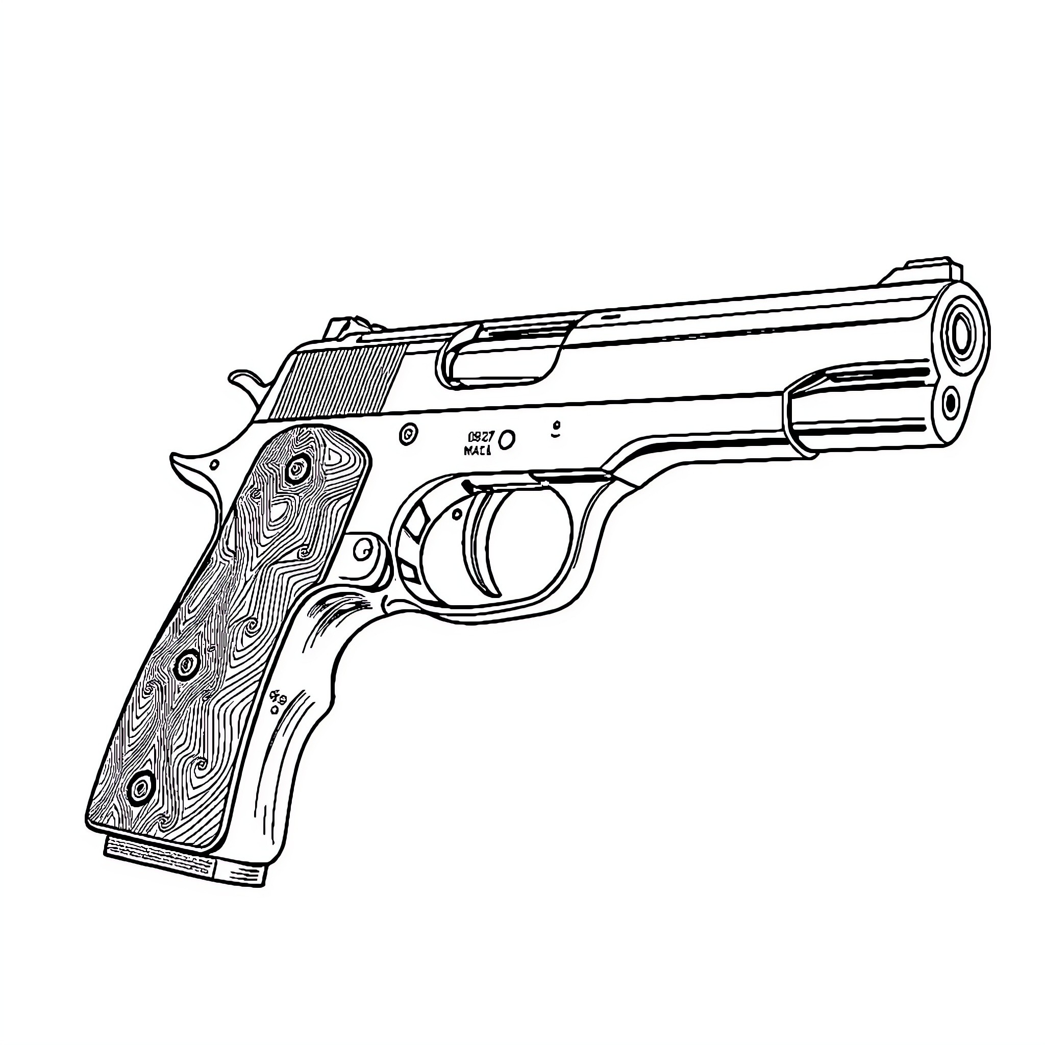 Pistol with detailed wooden grip Coloring Page (free black-and-white line drawing printable PDF for all, from beginners to advanced learners, including children, teens, adults, and seniors)