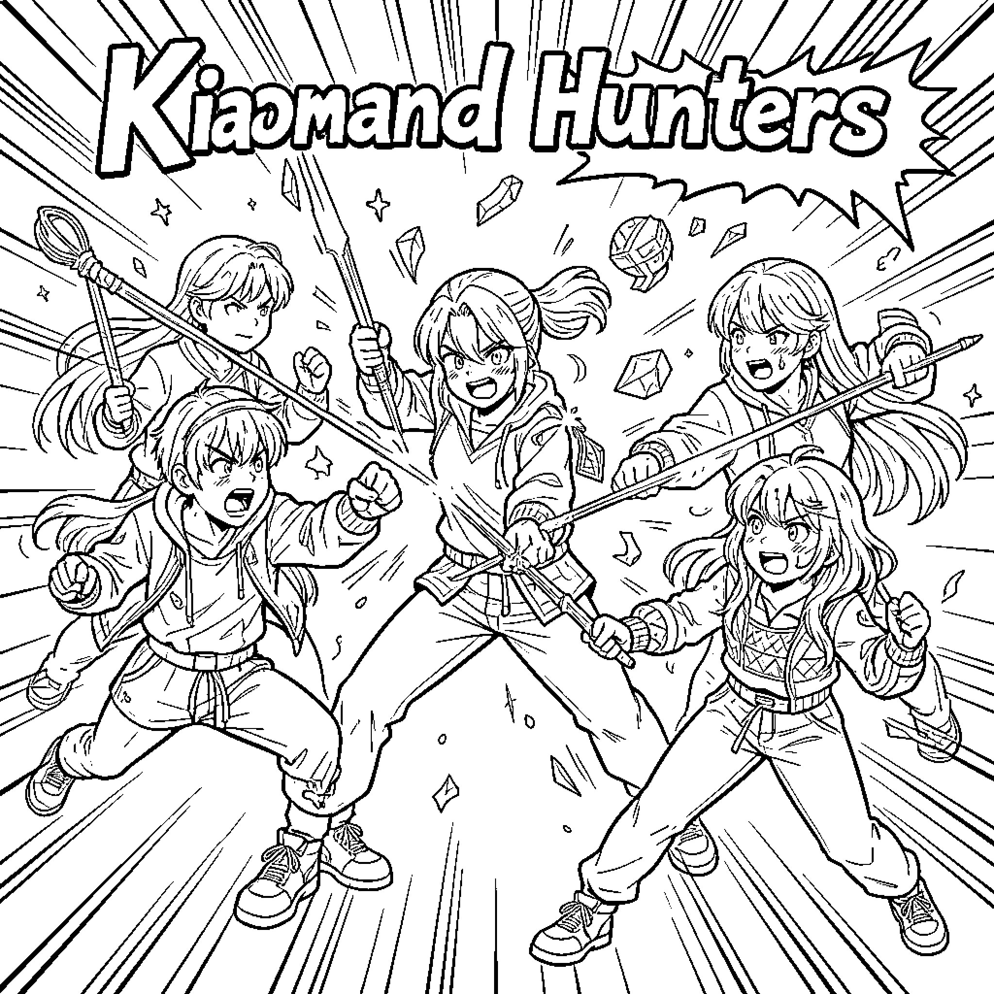 Kpop Diamond Hunters - A Vibrant Adventure Coloring Page (free black-and-white line drawing printable PDF for all, from beginners to advanced learners, including children, teens, adults, and seniors)