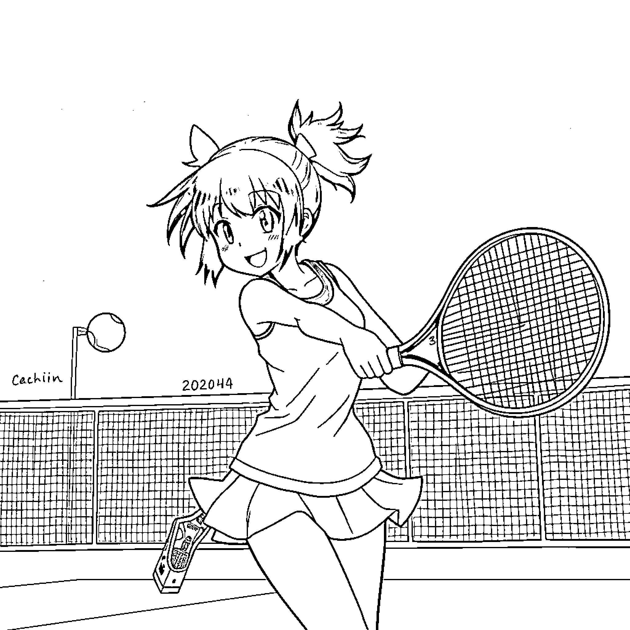 Kuromi playing tennis on the court Coloring Page (free black-and-white line drawing printable PDF for all, from beginners to advanced learners, including children, teens, adults, and seniors)