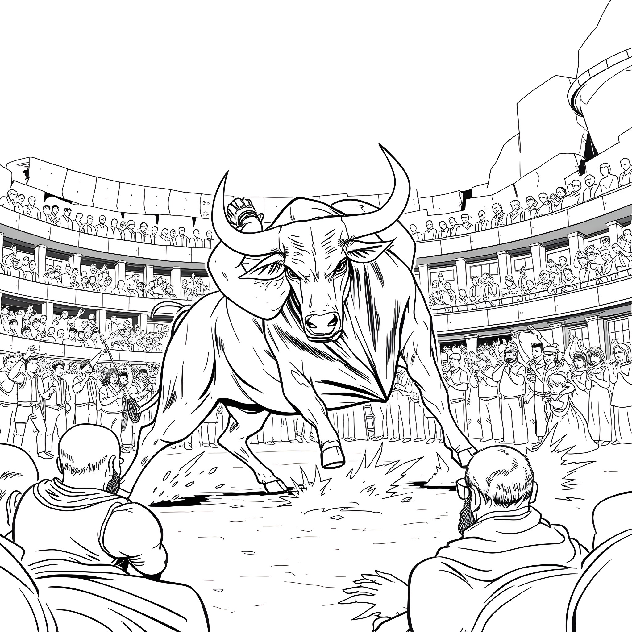 Khabib's Triumphant Bull Wrestling in the Arena Coloring Page (free black-and-white line drawing printable PDF for all, from beginners to advanced learners, including children, teens, adults, and seniors)