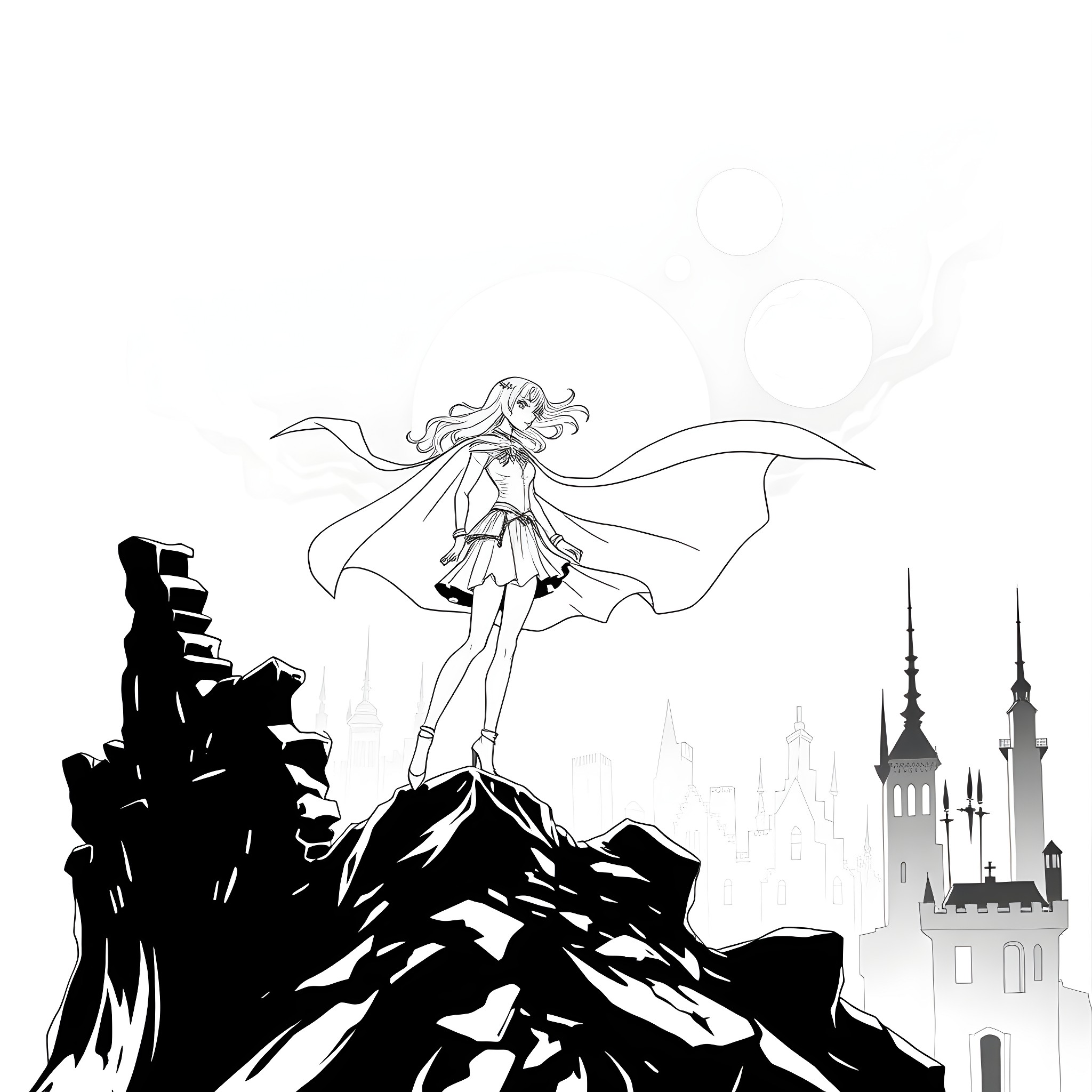 Gothic Girl Atop a Towering Citadel Coloring Page (free black-and-white line drawing printable PDF for all, from beginners to advanced learners, including children, teens, adults, and seniors)