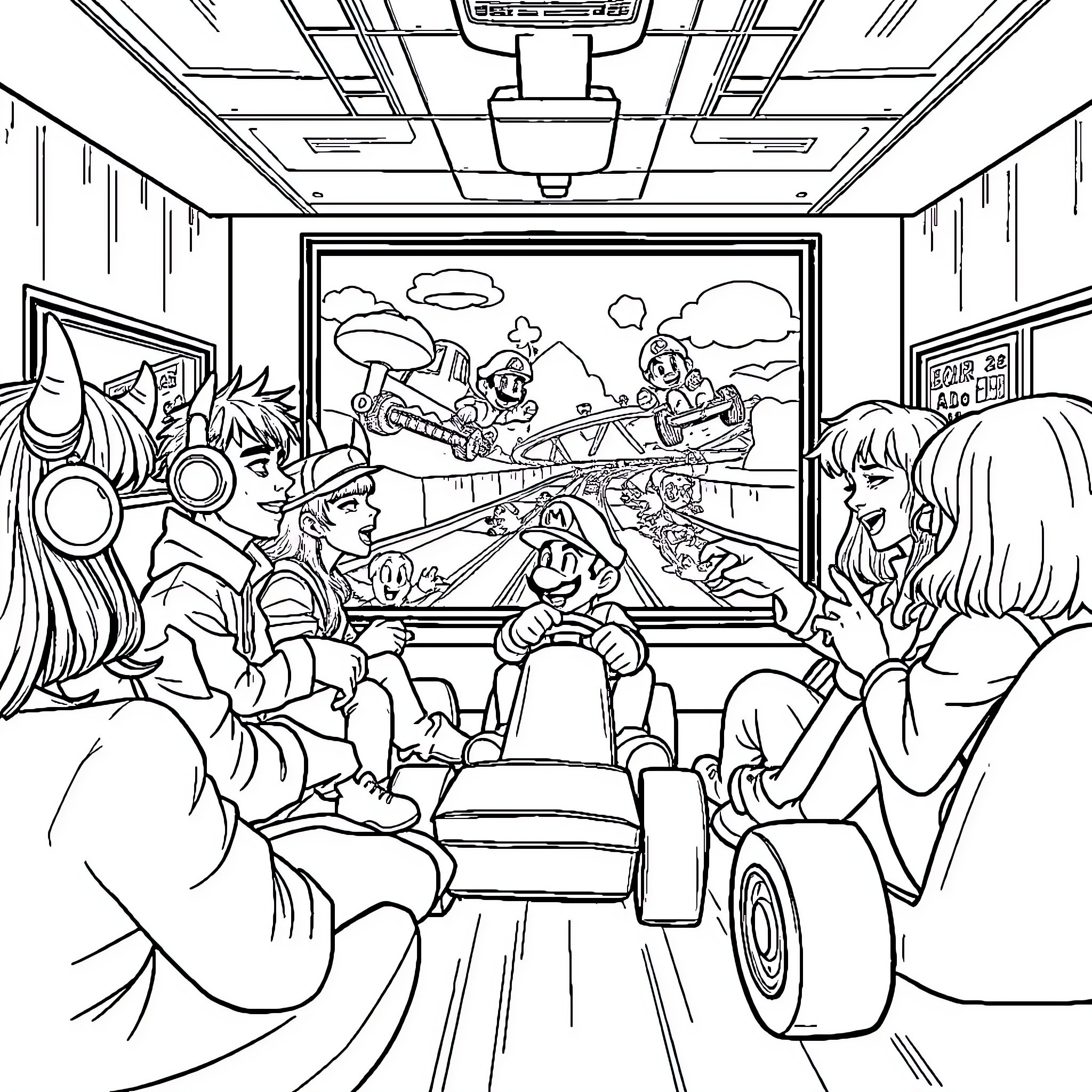 Demon Hunter Battles Supernatural Foes on Screen Coloring Page (free black-and-white line drawing printable PDF for all, from beginners to advanced learners, including children, teens, adults, and seniors)