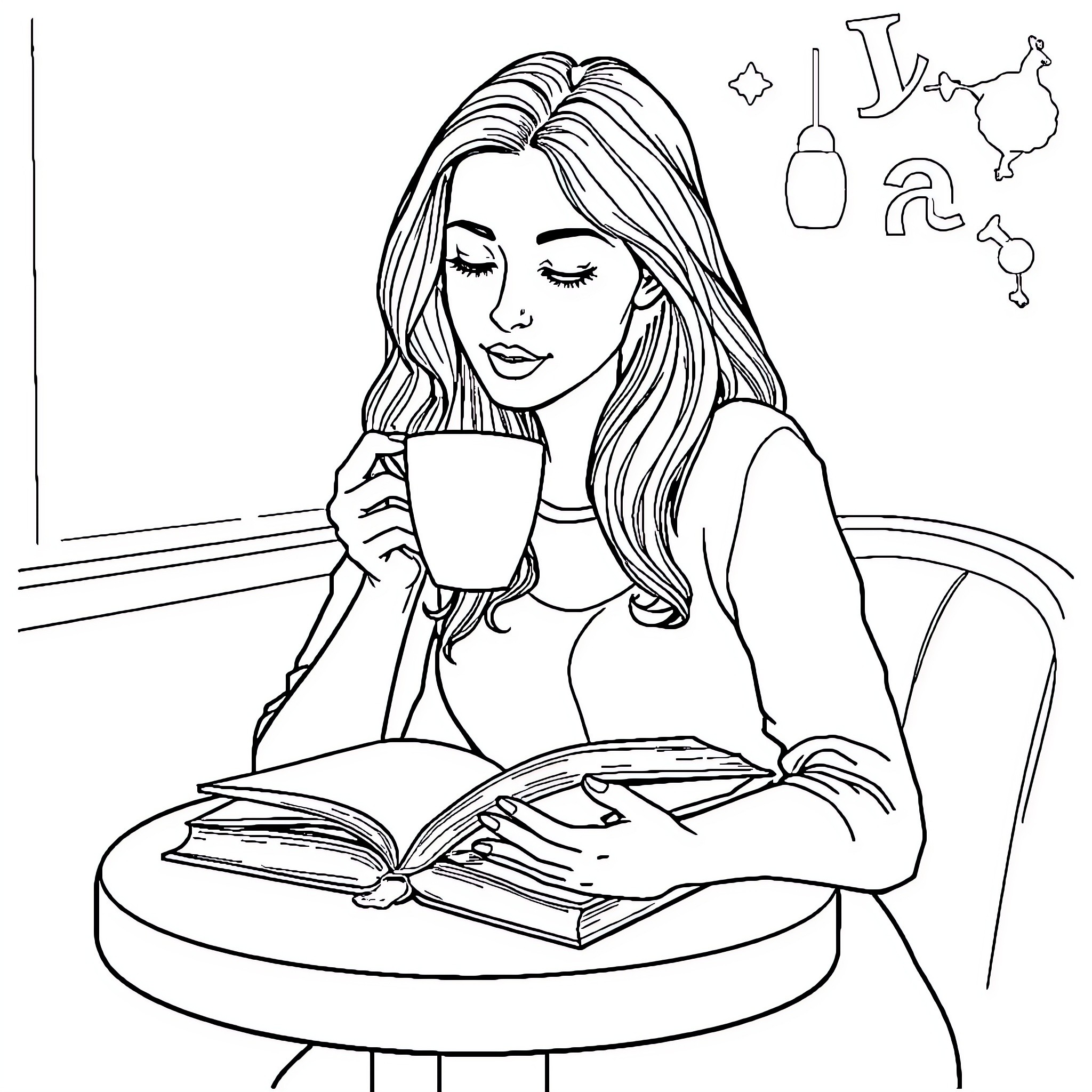 Woman reading book and drinking coffee Coloring Page (free black-and-white line drawing printable PDF for all, from beginners to advanced learners, including children, teens, adults, and seniors)