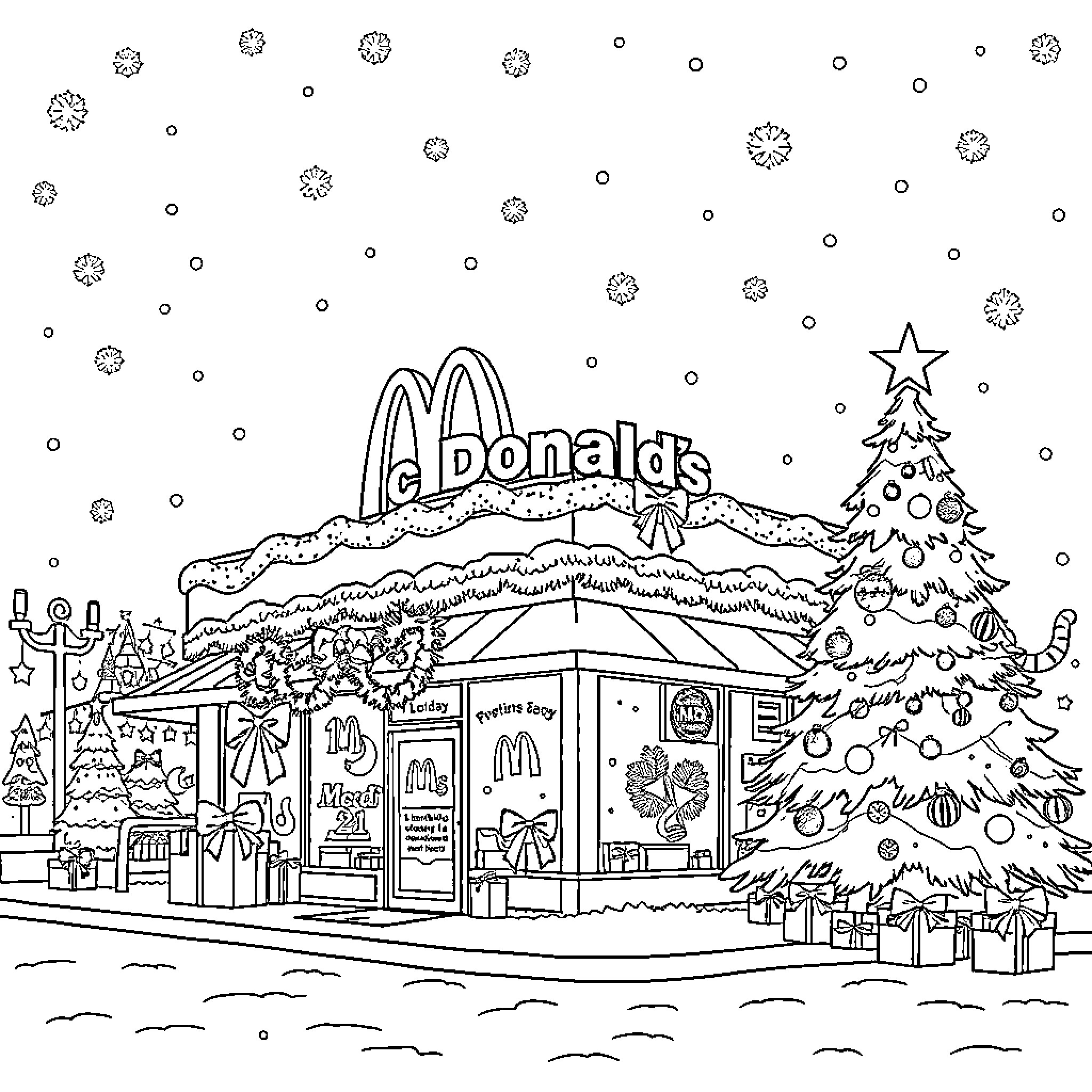 McDonald's holiday-themed restaurant exterior Coloring Page (free black-and-white line drawing printable PDF for all, from beginners to advanced learners, including children, teens, adults, and seniors)