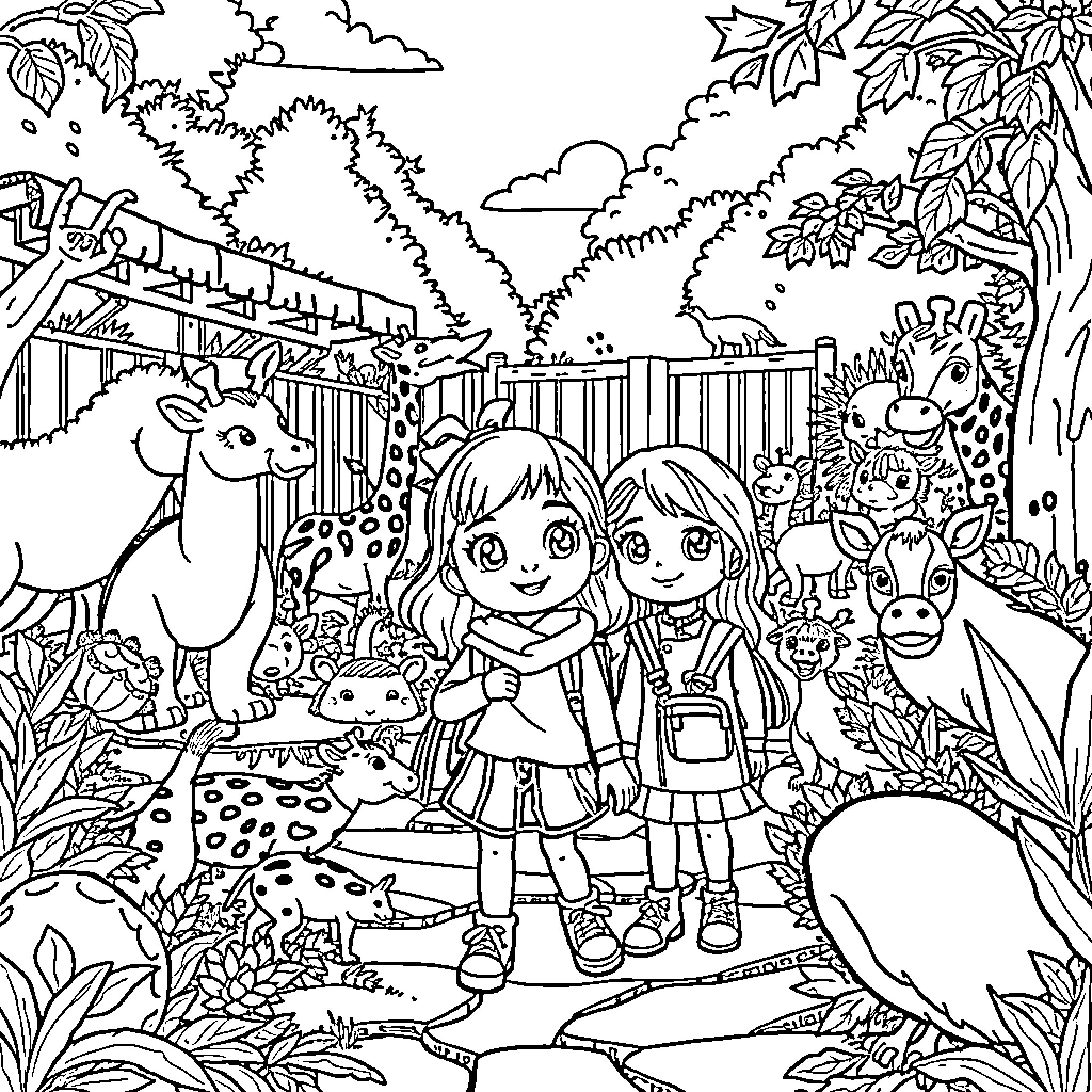 Dollhouse scene with girls and animals in nature Coloring Page (free black-and-white line drawing printable PDF for all, from beginners to advanced learners, including children, teens, adults, and seniors)